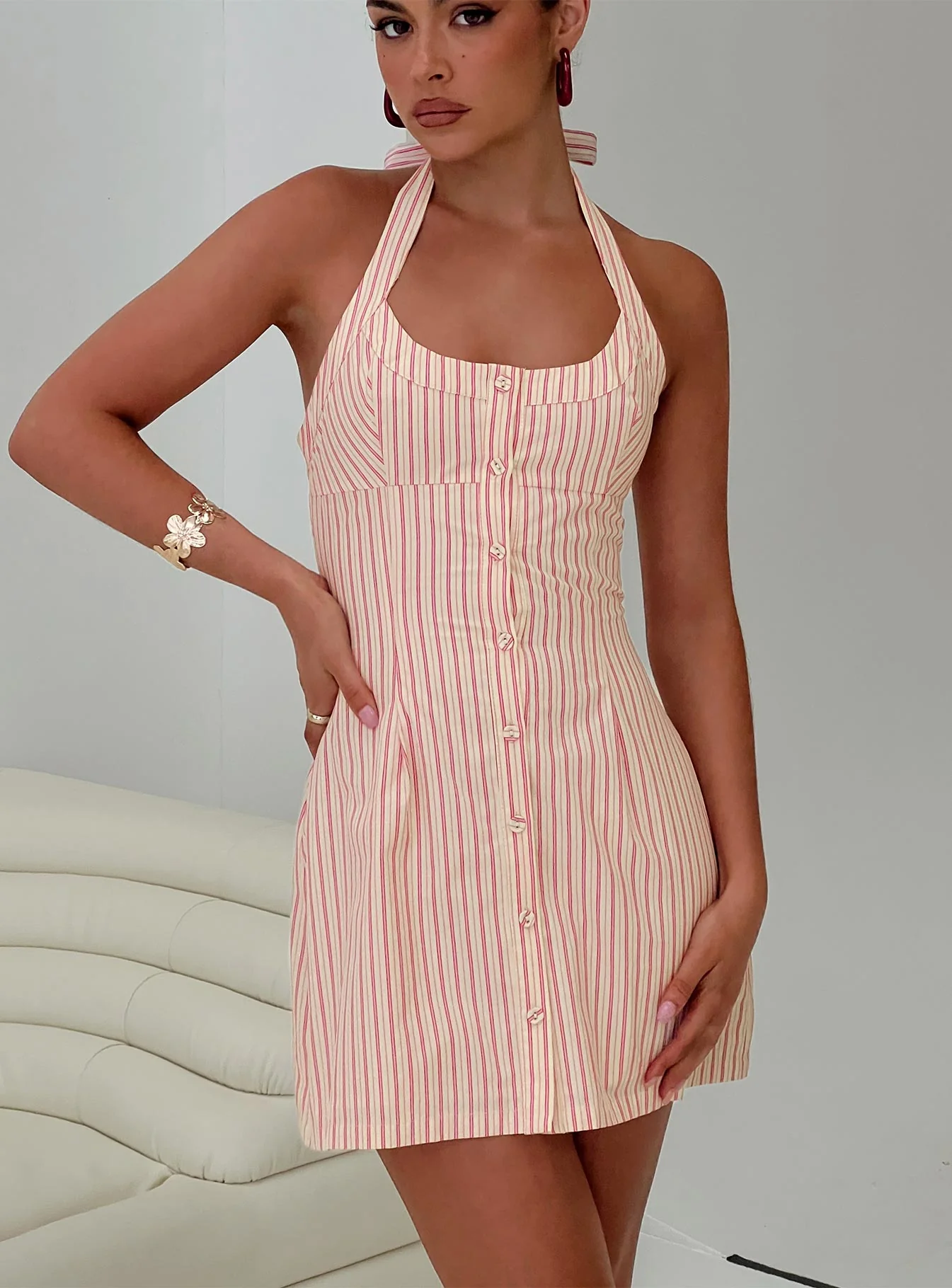 Mallorie Halter Mini Dress Pink Stripe - EHAORUI