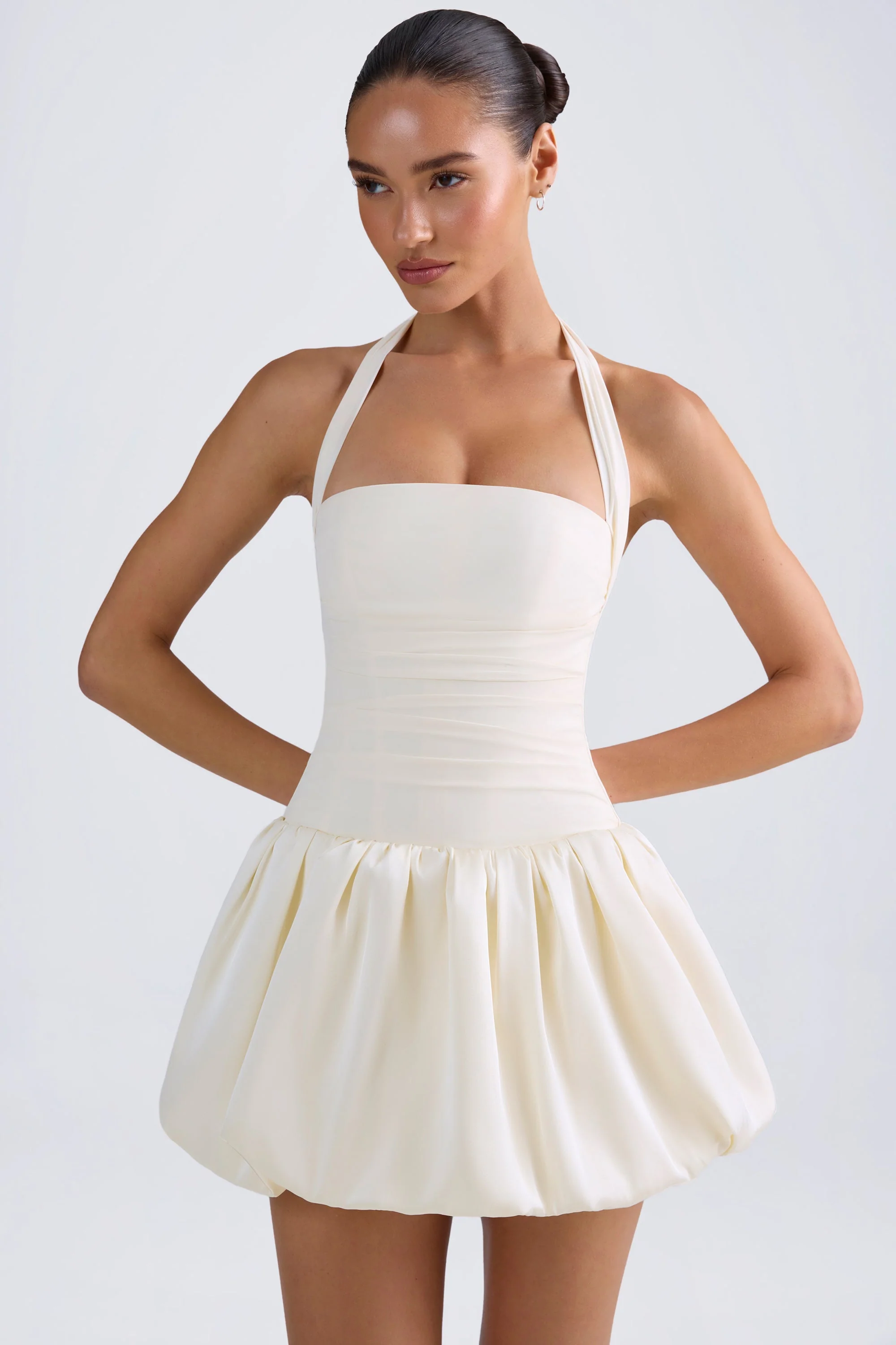Halterneck Lace-Up Bubble Hem Corset Micro Mini Dress in Ivory - EHAORUI