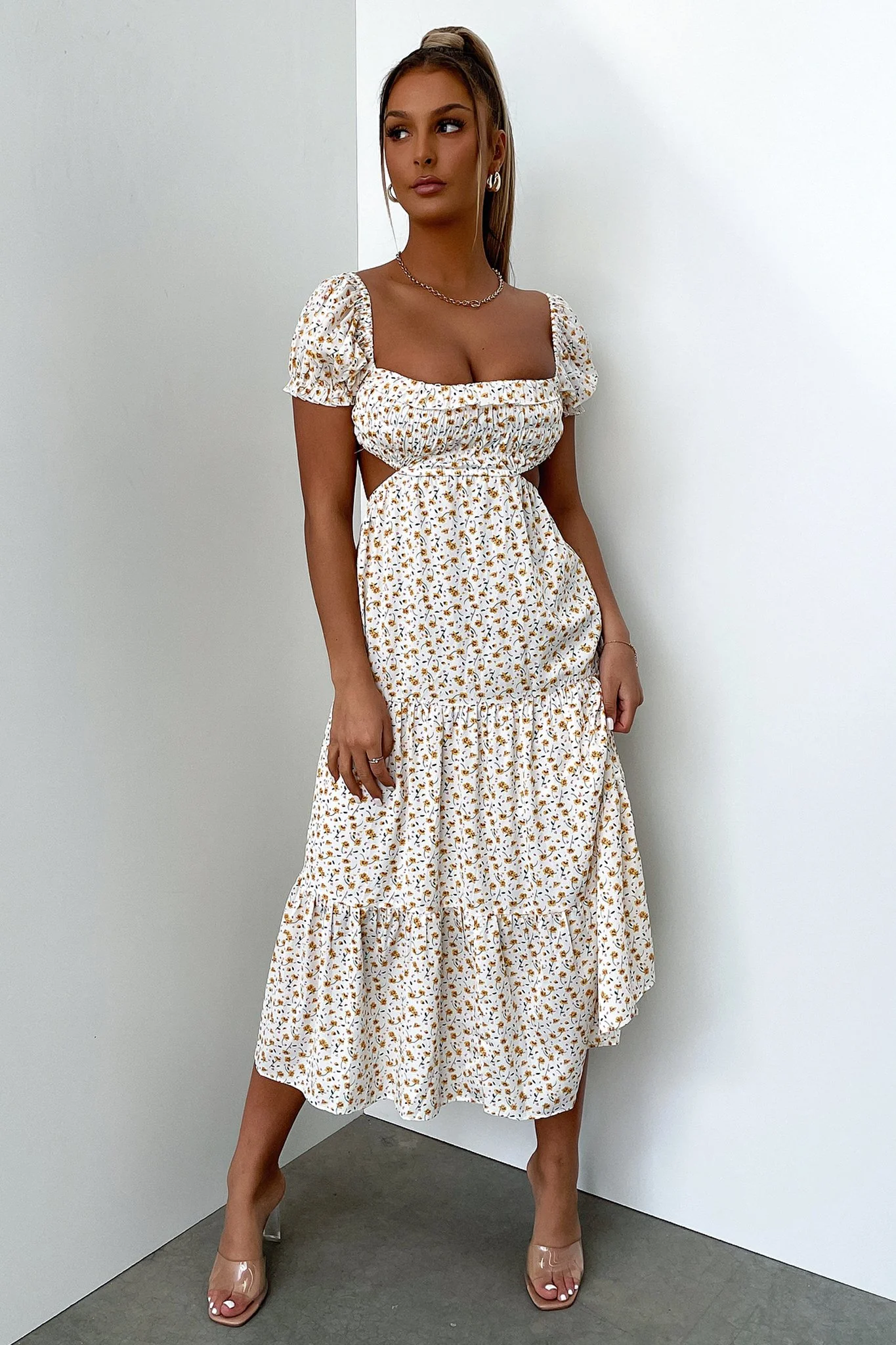 Noelle Midi Dress - Yellow Floral - EHAORUI