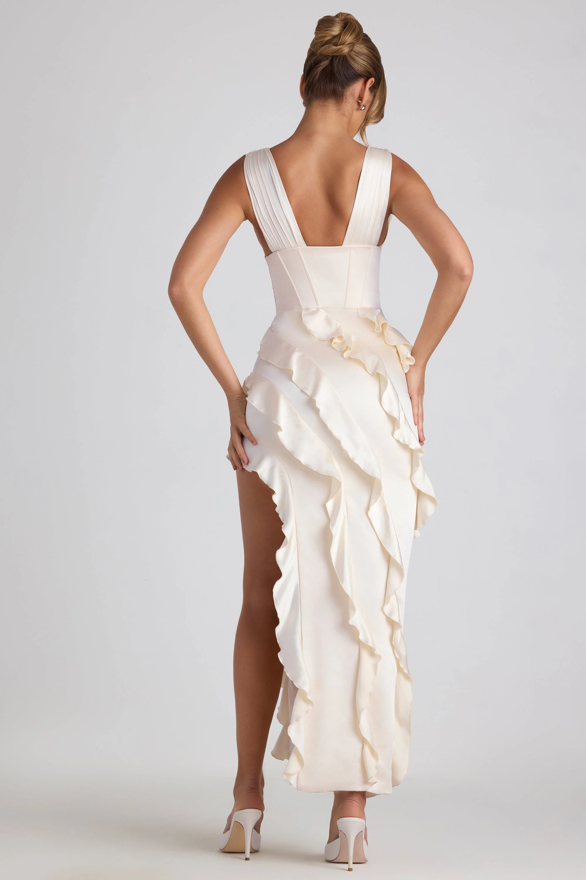 Ruffle-Trim Corset Maxi Dress in Ivory - EHAORUI
