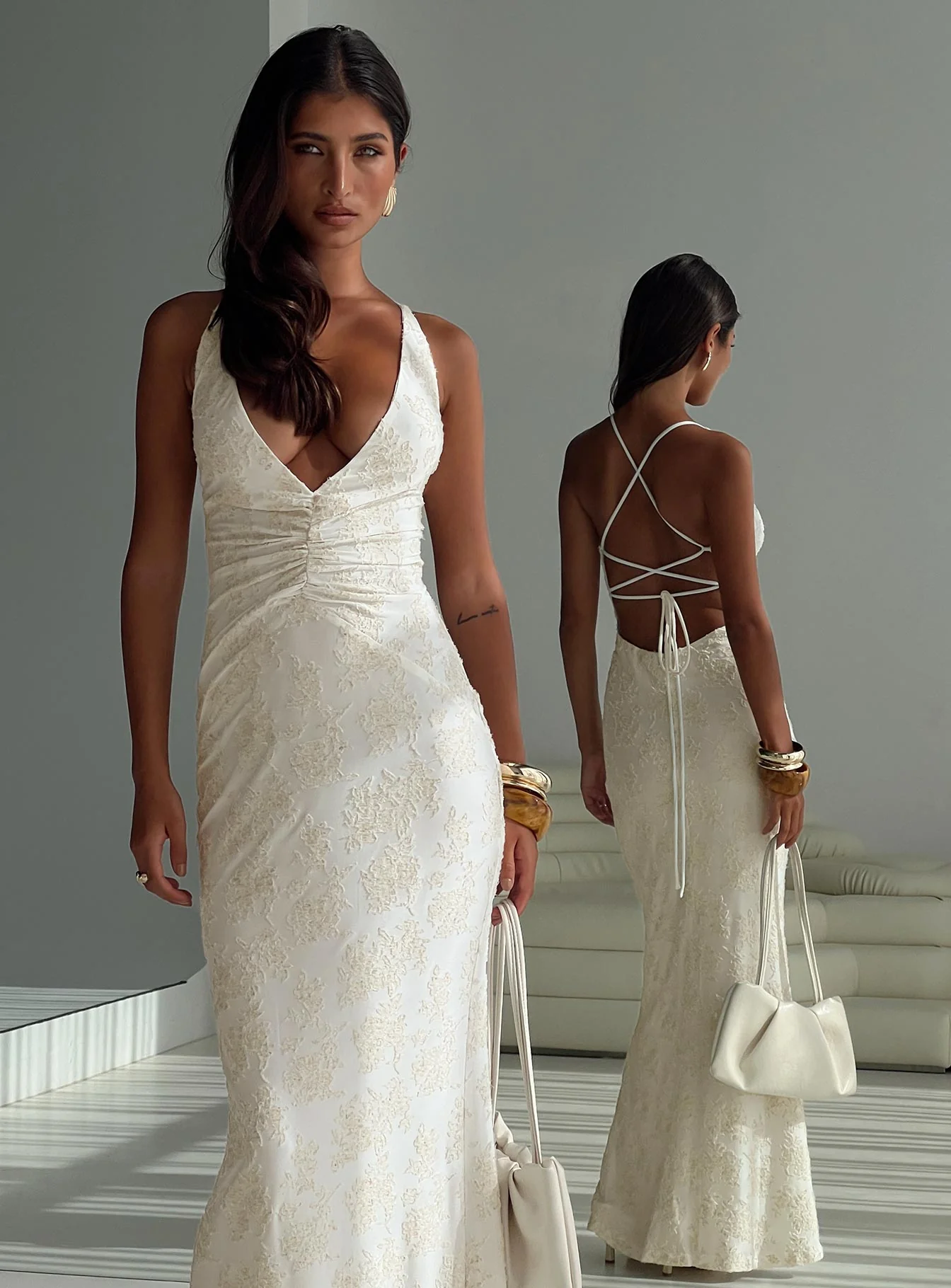 Starcrossed Halter Maxi Dress Cream - EHAORUI