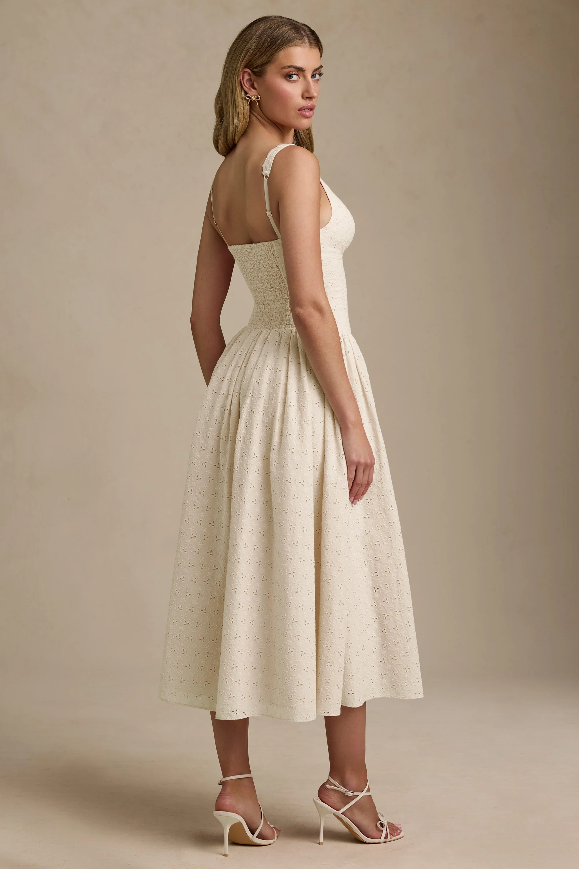 Broderie Anglaise Bow-Detail A-Line Midaxi Dress in Ivory - EHAORUI