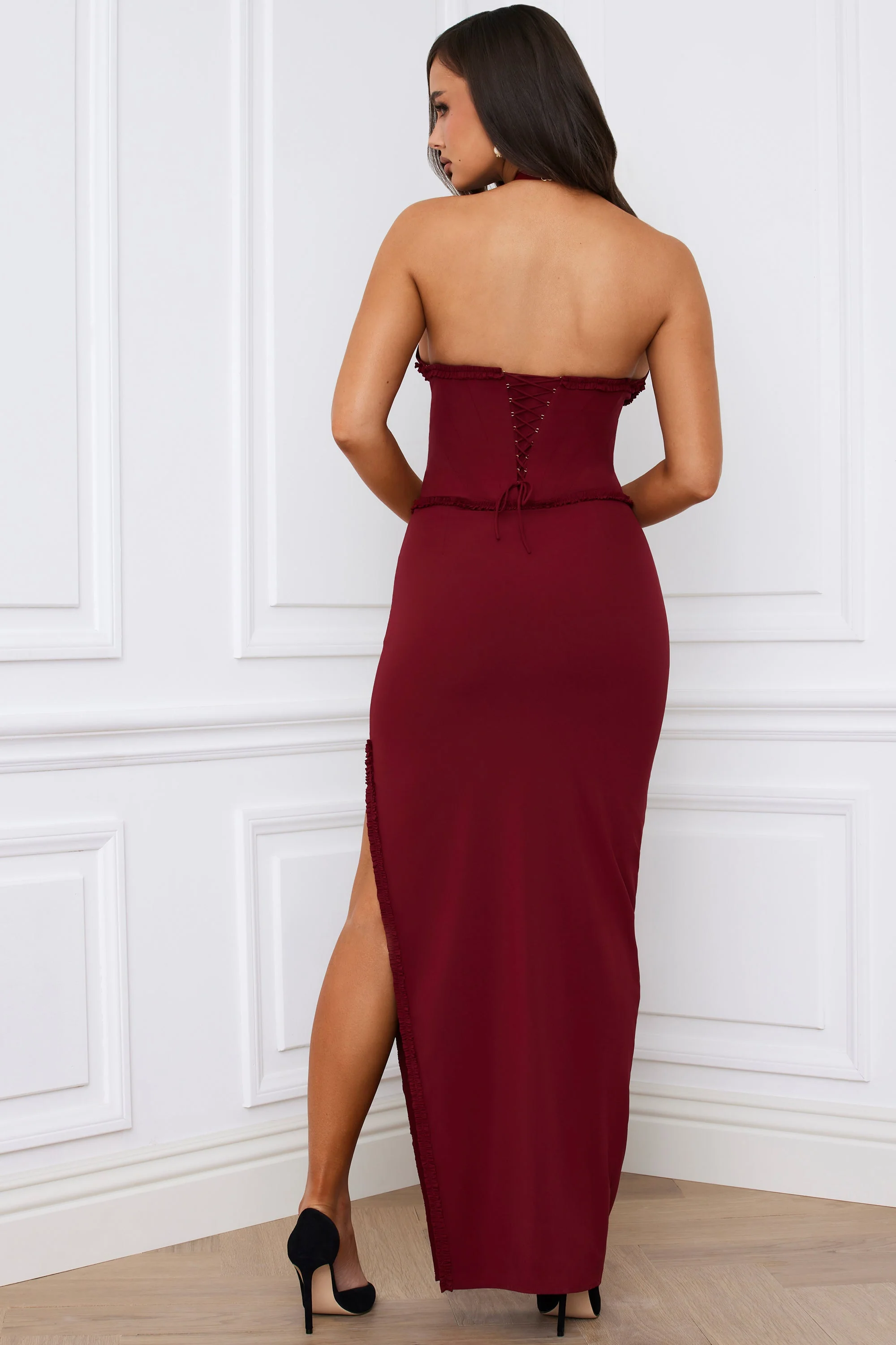 Halterneck Lace-Up Corset Maxi Dress in Berry Red - EHAORUI