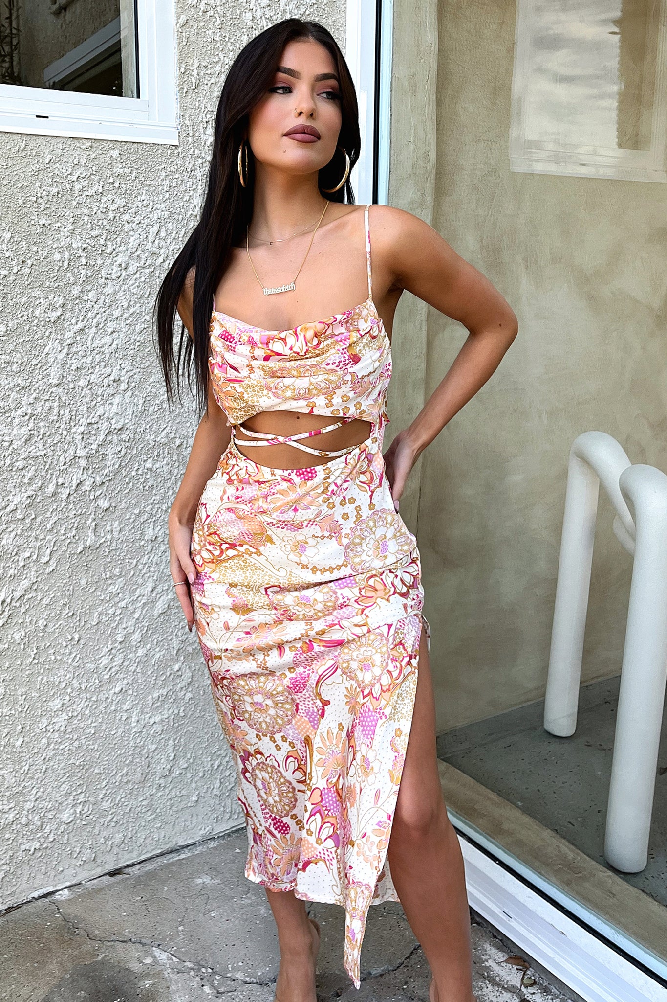 Florence Midi Dress - Pink Floral - EHAORUI