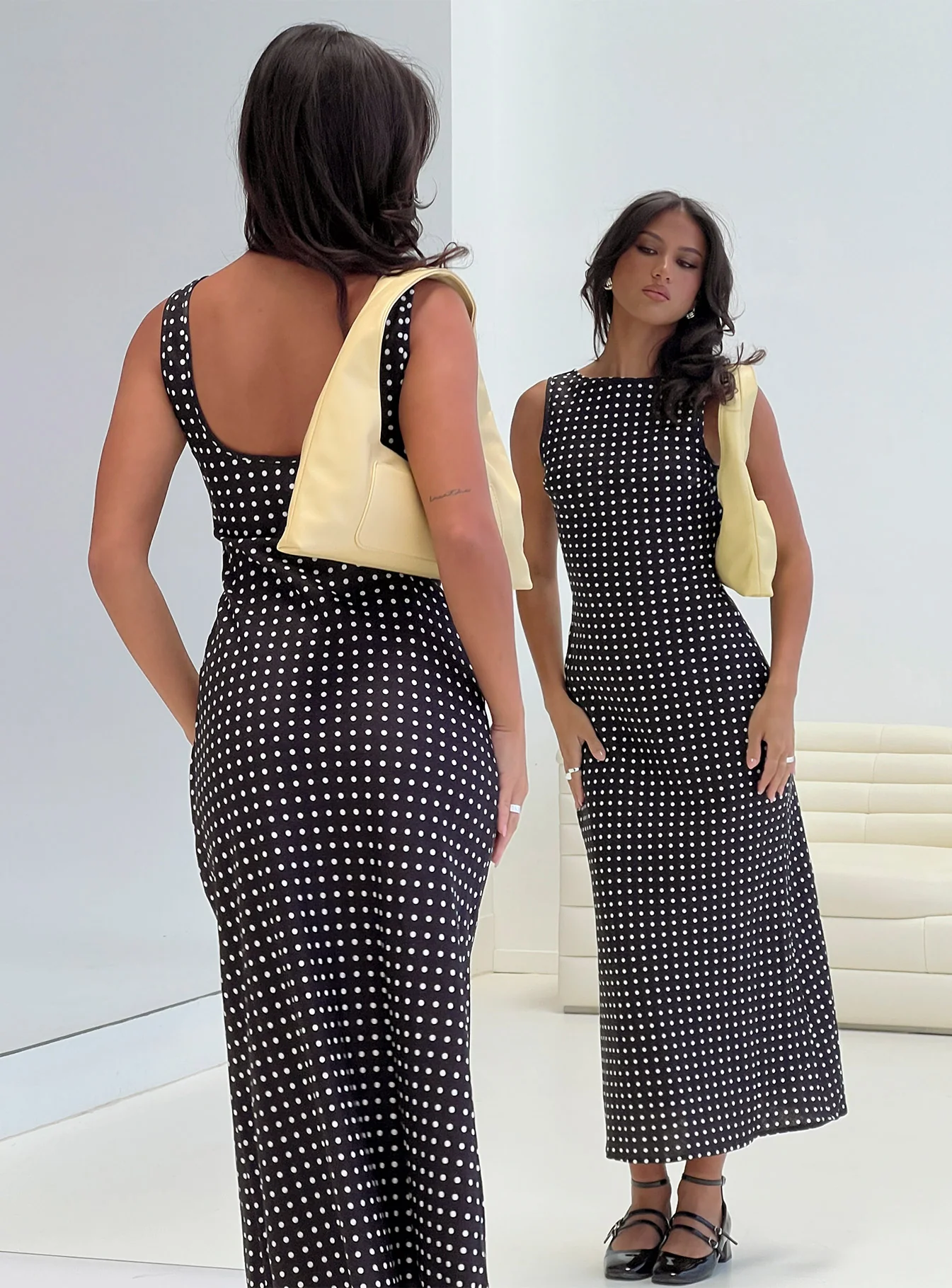 Voyager Linen Blend Midi Dress Black Polka - EHAORUI