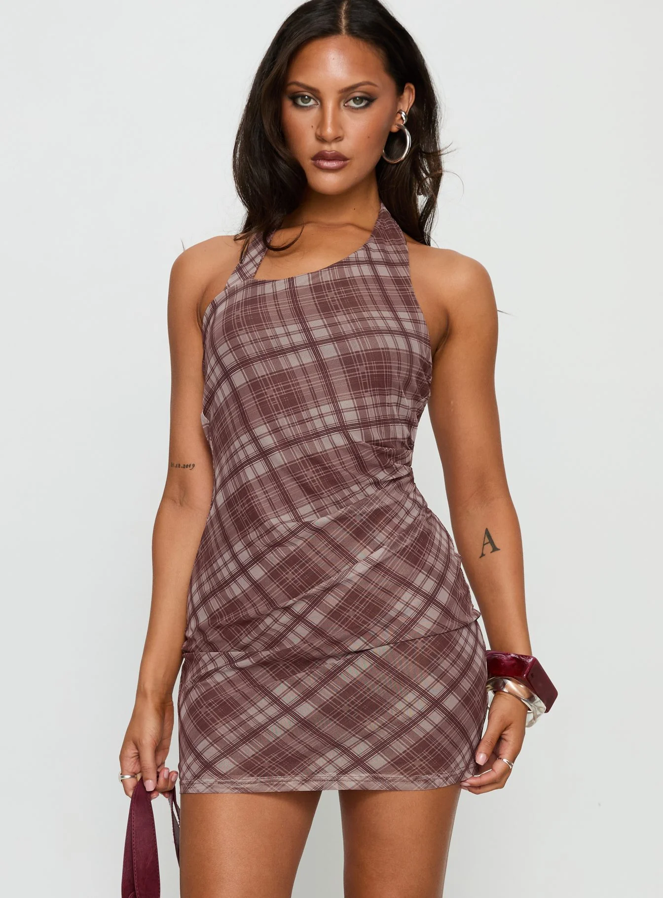 Kastles Halter Cut Out Mini Dress Brown Check - EHAORUI