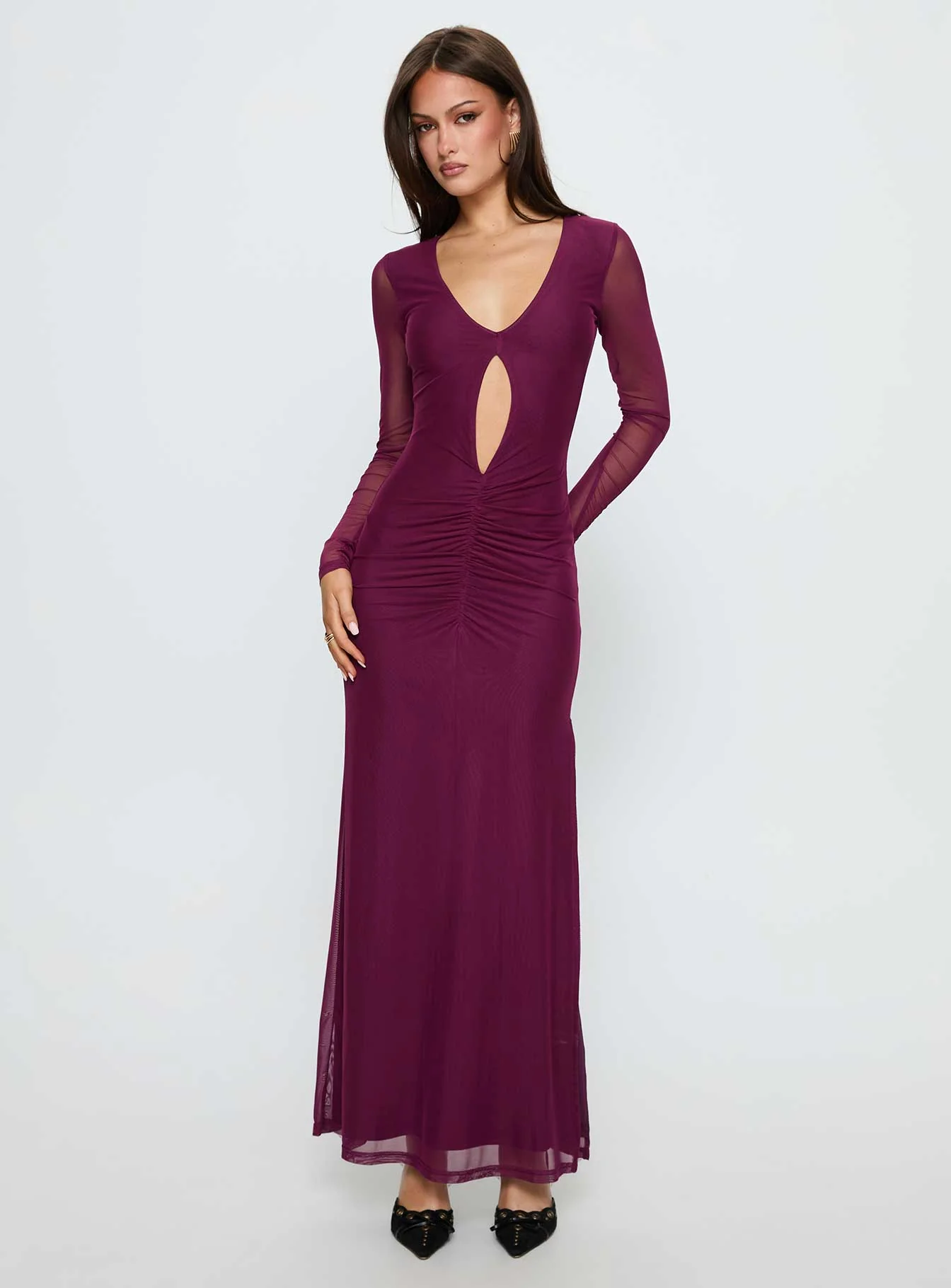 Darkside Long Sleeve Cut Out Plunge Maxi Dress Plum - EHAORUI