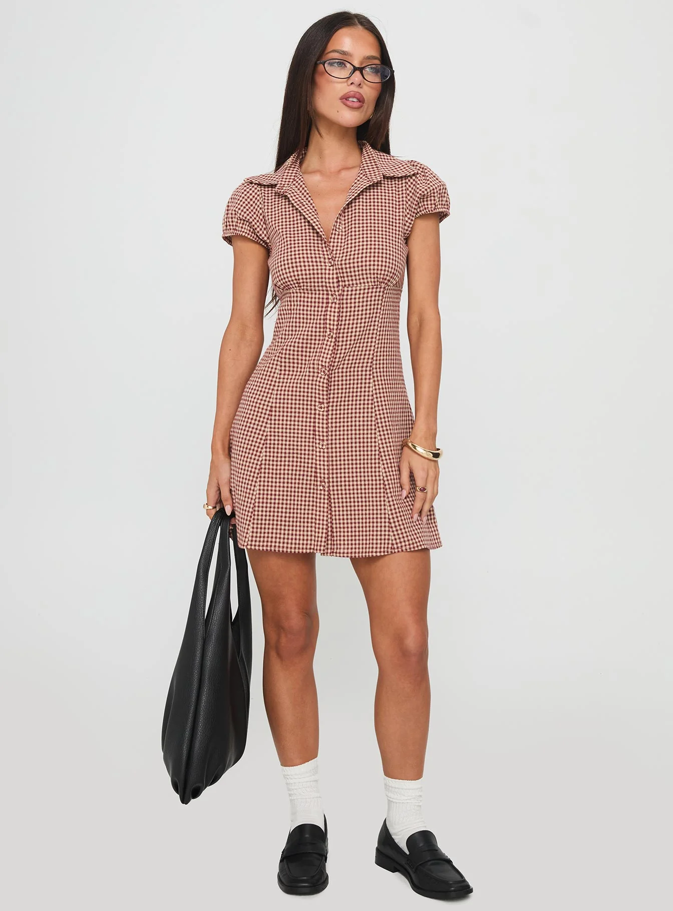 Kavira Tie Bust Shirt Dress Red Gingham - EHAORUI
