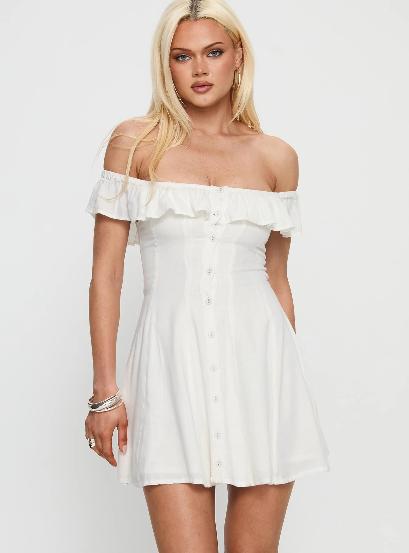 Corail Off Shoulder Frill Mini Dress White - EHAORUI