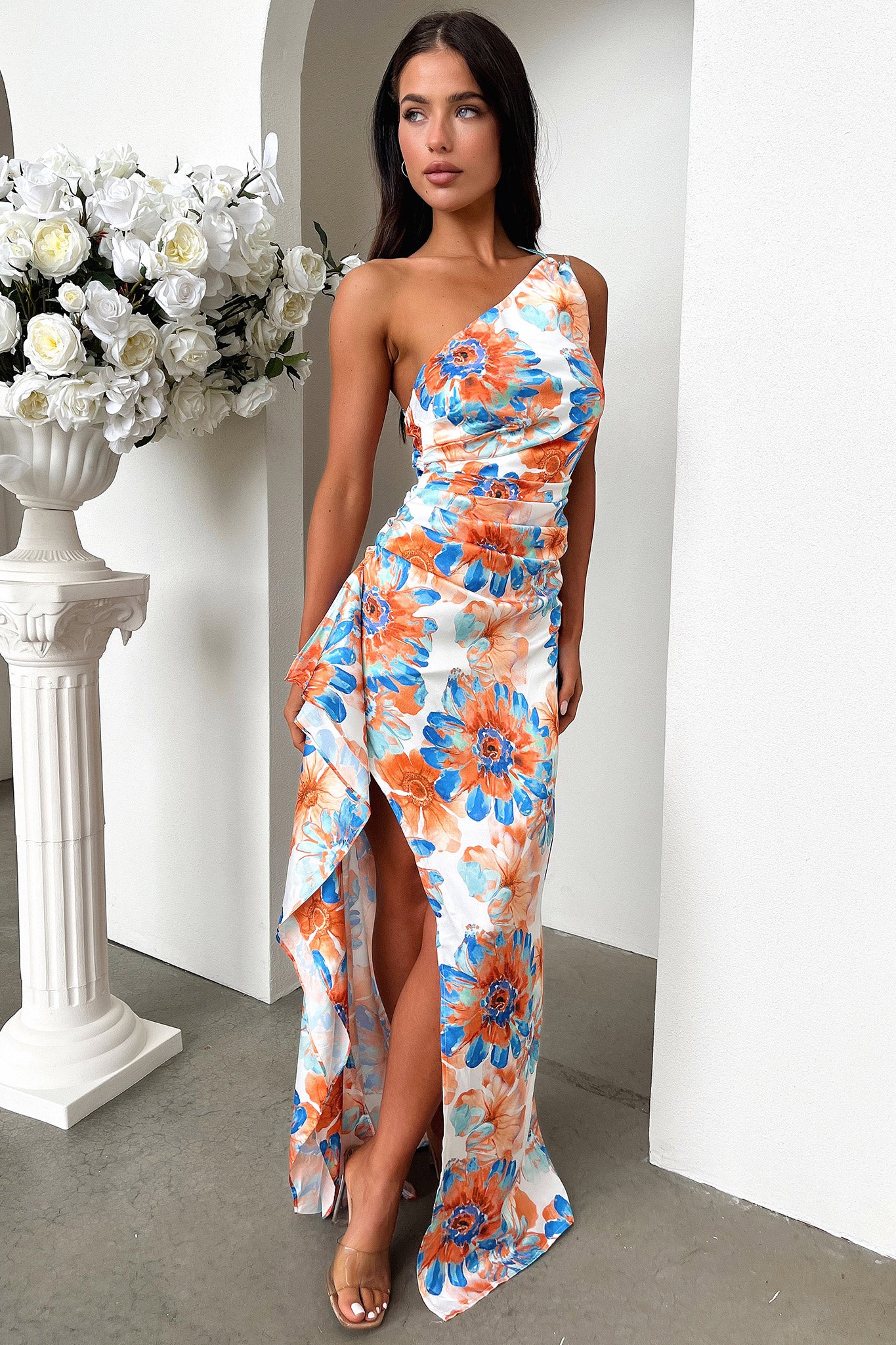 Elianna One Shoulder Satin Maxi Dress - Blue Floral - EHAORUI