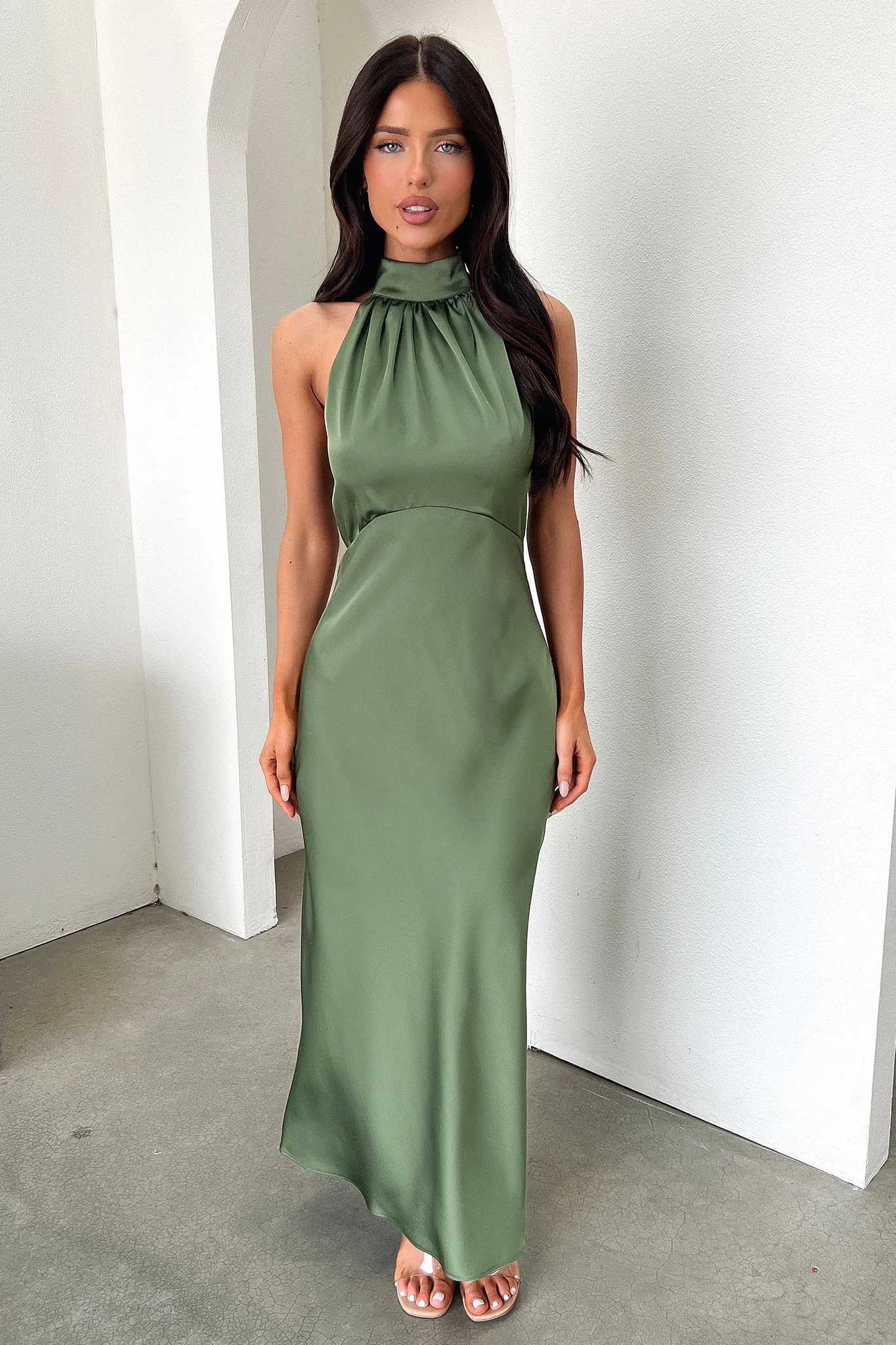 Daphne High Neck Maxi Dress - Olive - EHAORUI