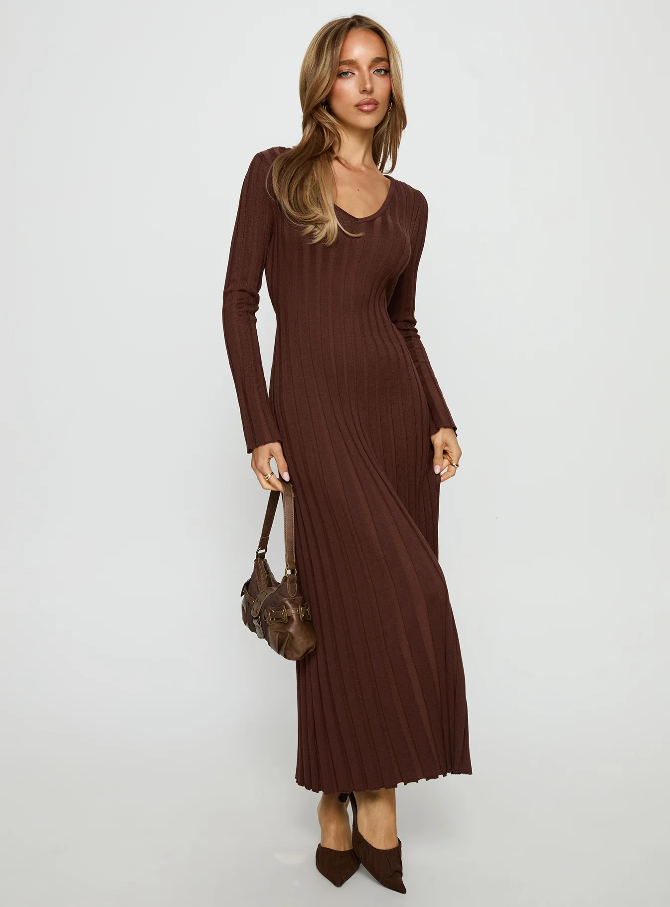 Gratuita Long Sleeve Rib Maxi Dress Chocolate - EHAORUI