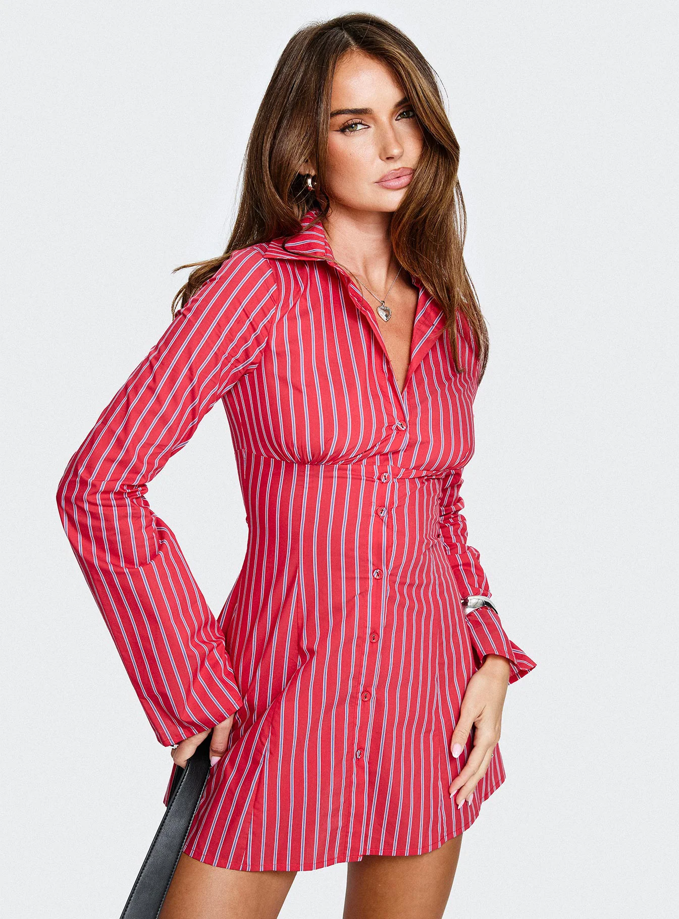 Tawni Long Sleeve Shirt Mini Dress Red Stripe - EHAORUI