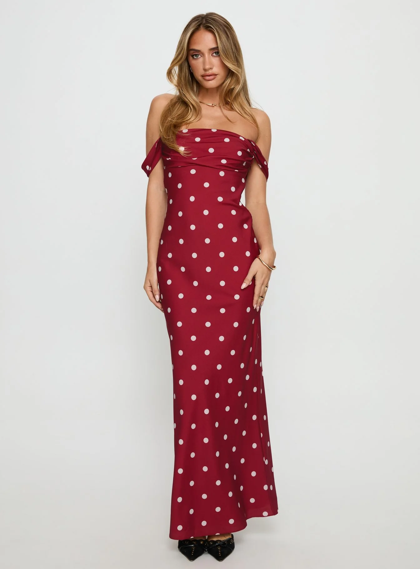 End Credits Off Shoulder Pleat Maxi Dress Red / Polka Dot - EHAORUI