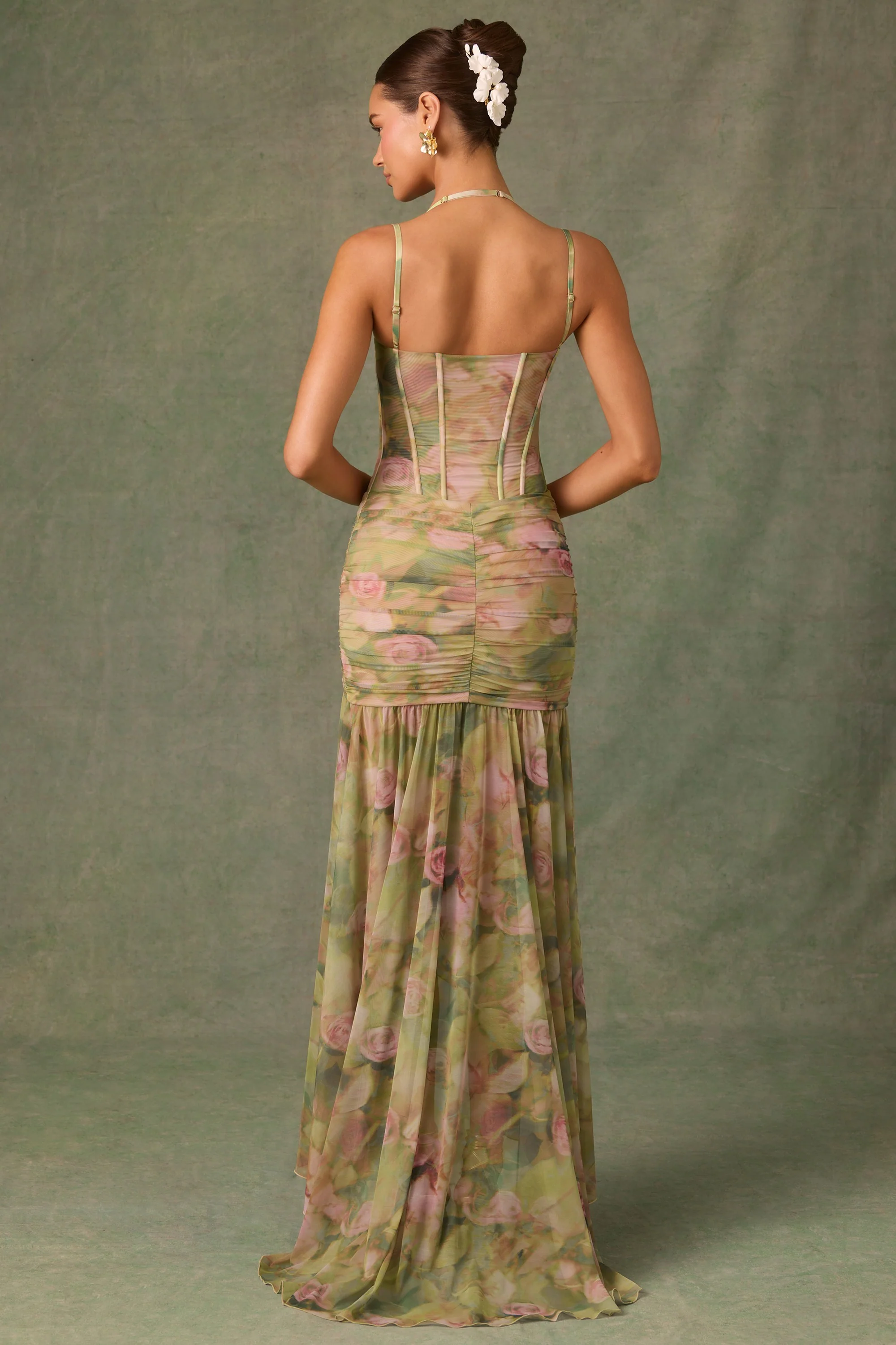 Ruched Asymmetric Corset Gown in Floral Multi Print - EHAORUI