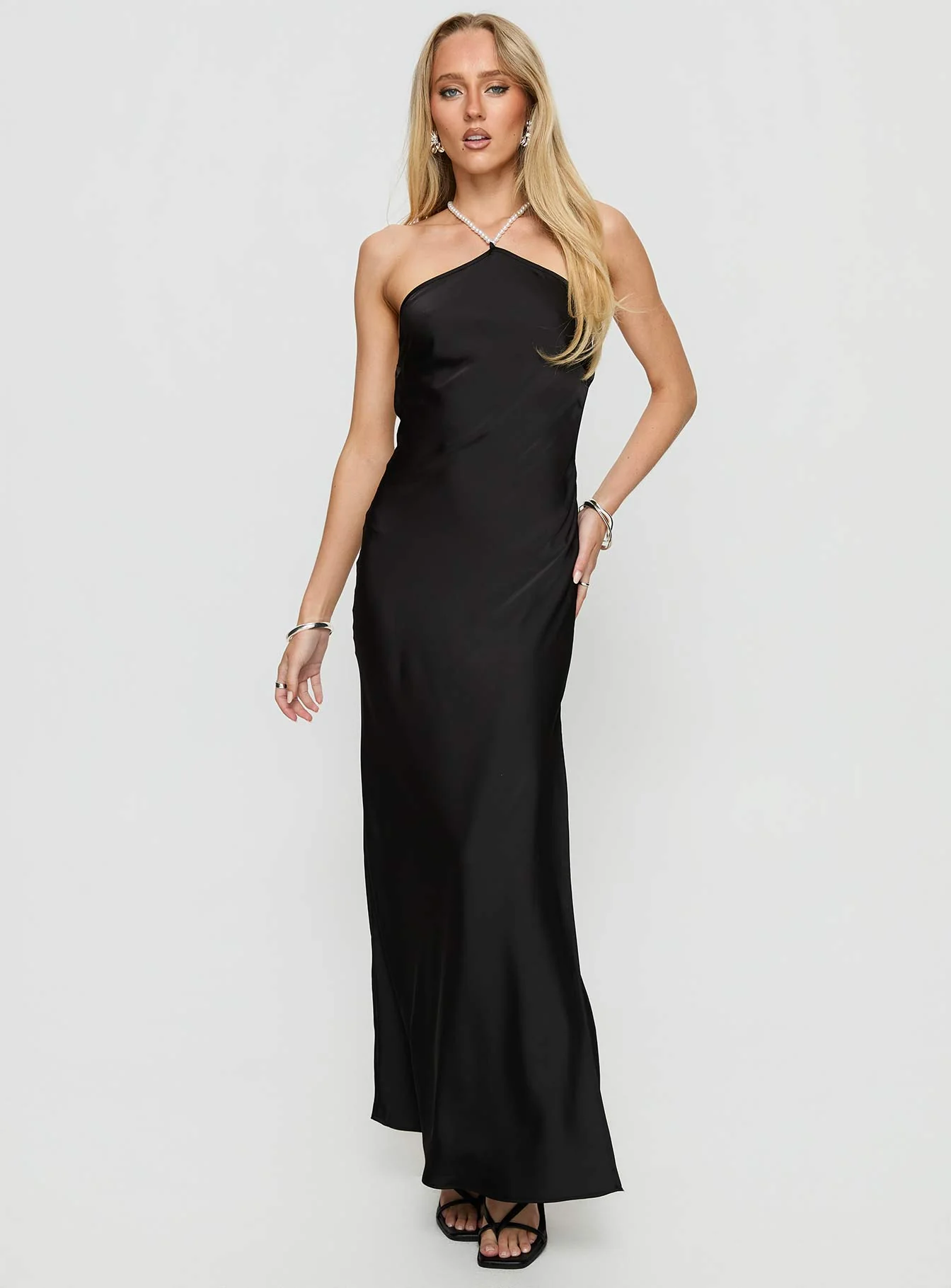 Beverie Pearl Halter Maxi Dress Black - EHAORUI