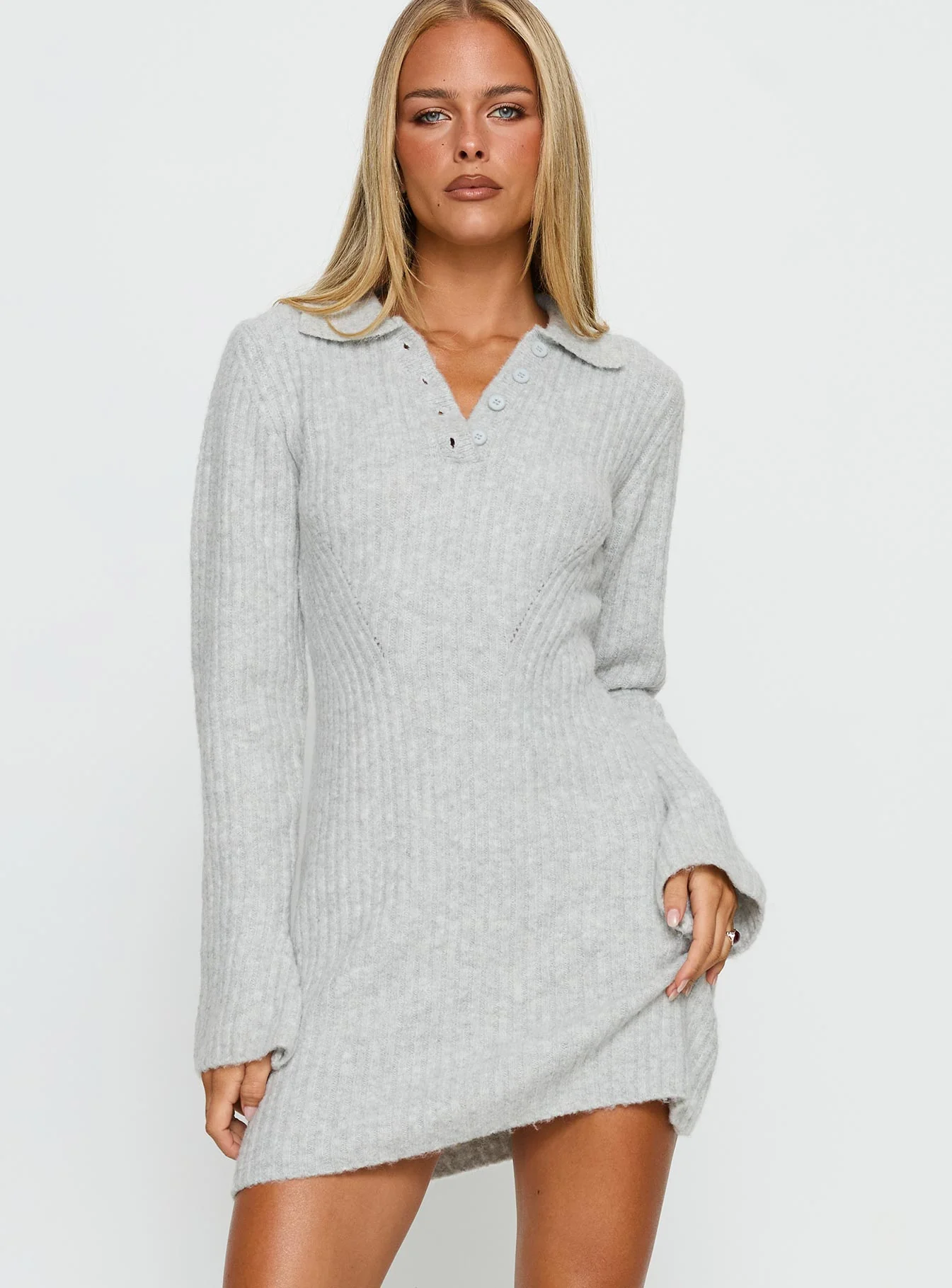 Naloma Knit Long Sleeve Mini Dress Grey Marle - EHAORUI
