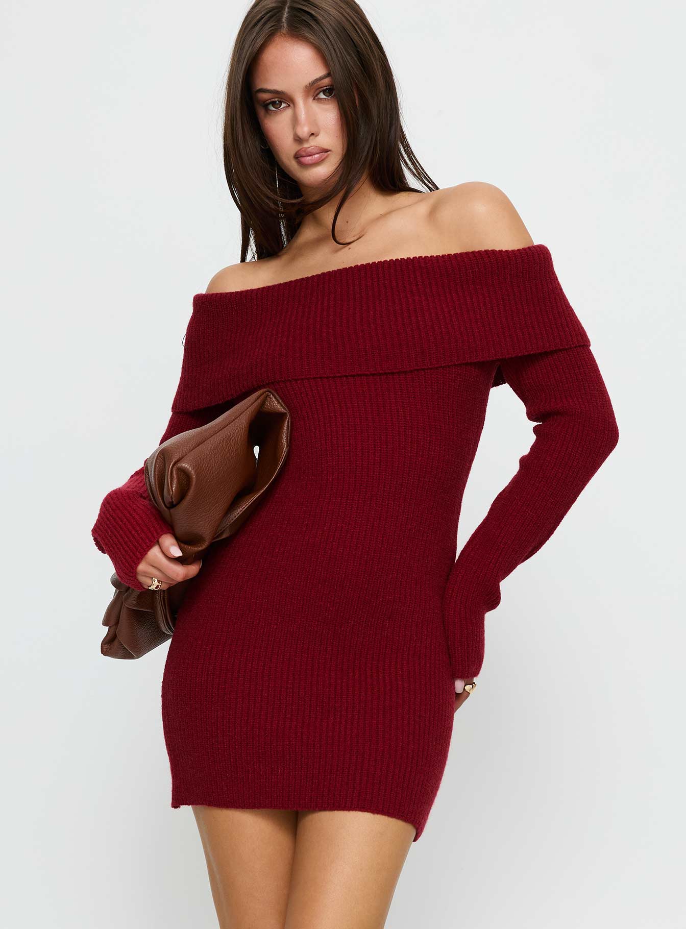 Noriko Long Sleeve Knit Mini Dress Burgundy - EHAORUI