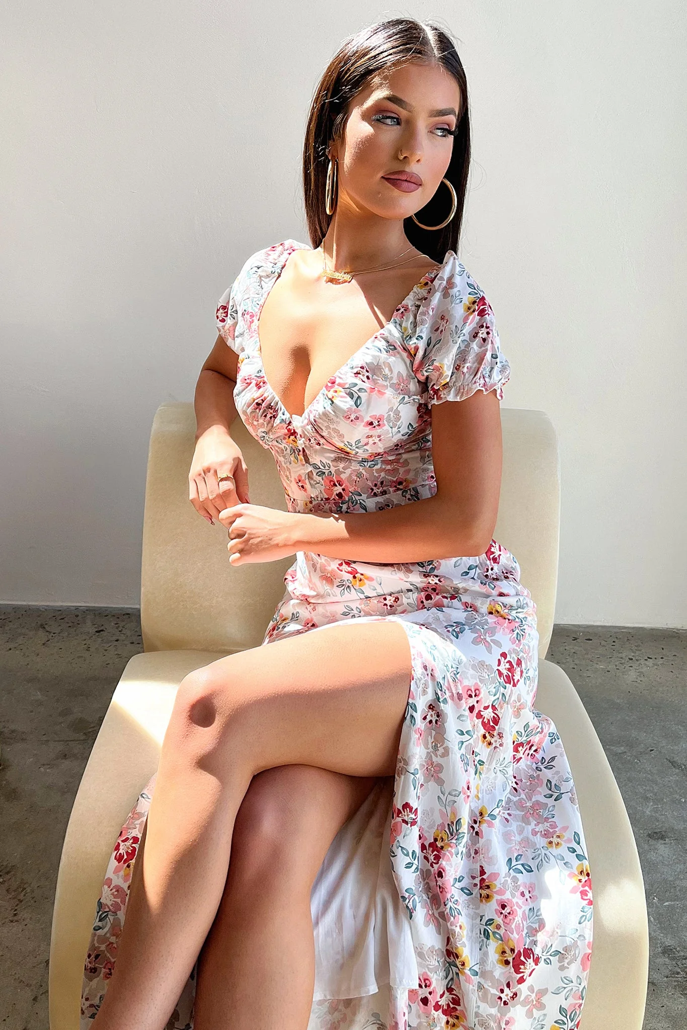 Solem Midi Dress - White / Pink Floral - EHAORUI