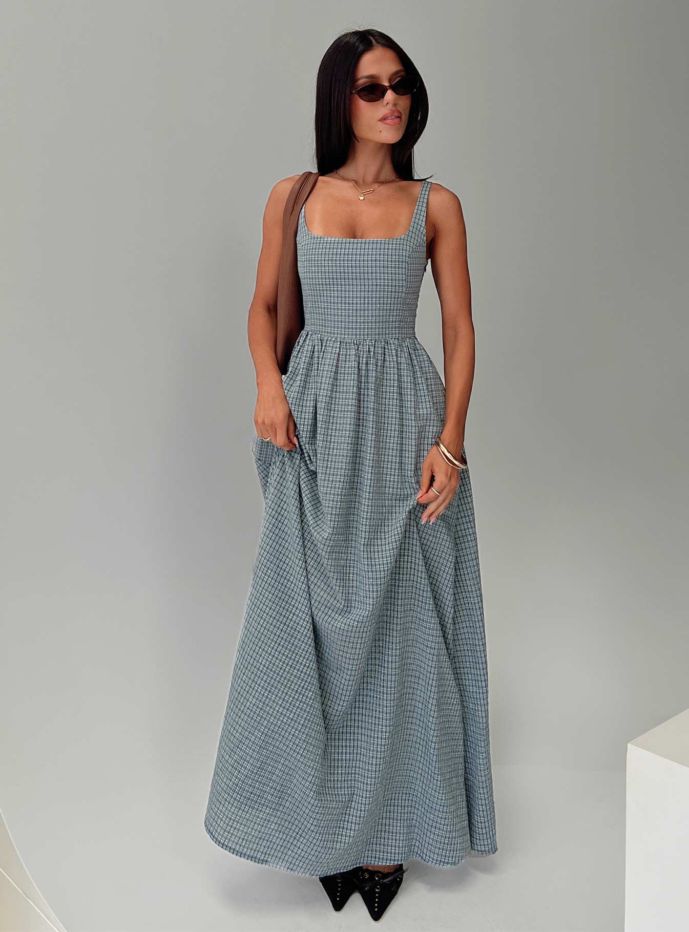 Cartmel Check Maxi Dress Navy - EHAORUI