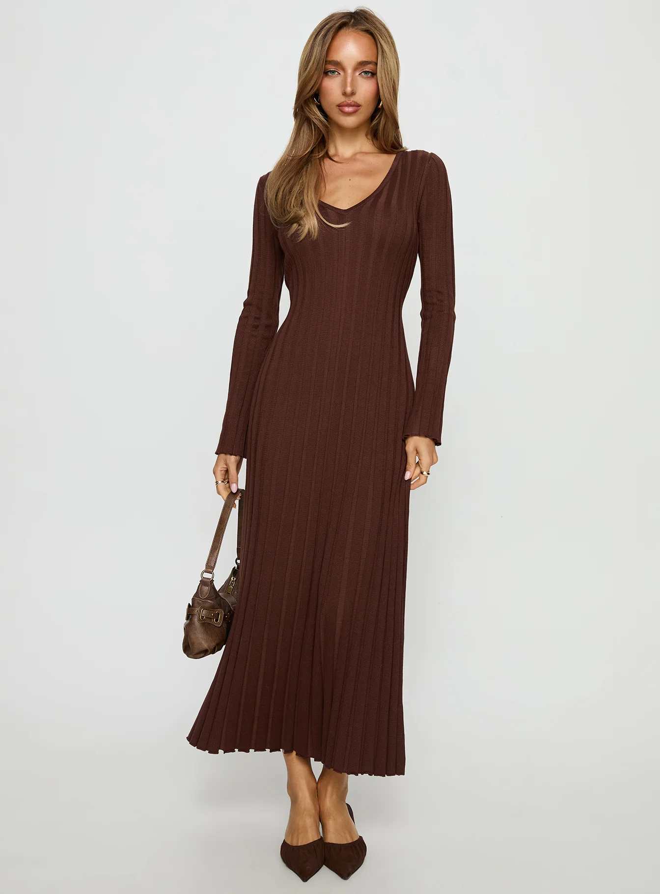 Gratuita Long Sleeve Rib Maxi Dress Chocolate - EHAORUI
