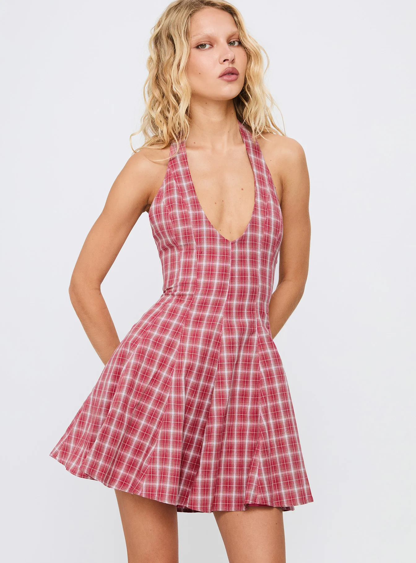 Out Of Nowhere Halter Mini Dress Red Check - EHAORUI
