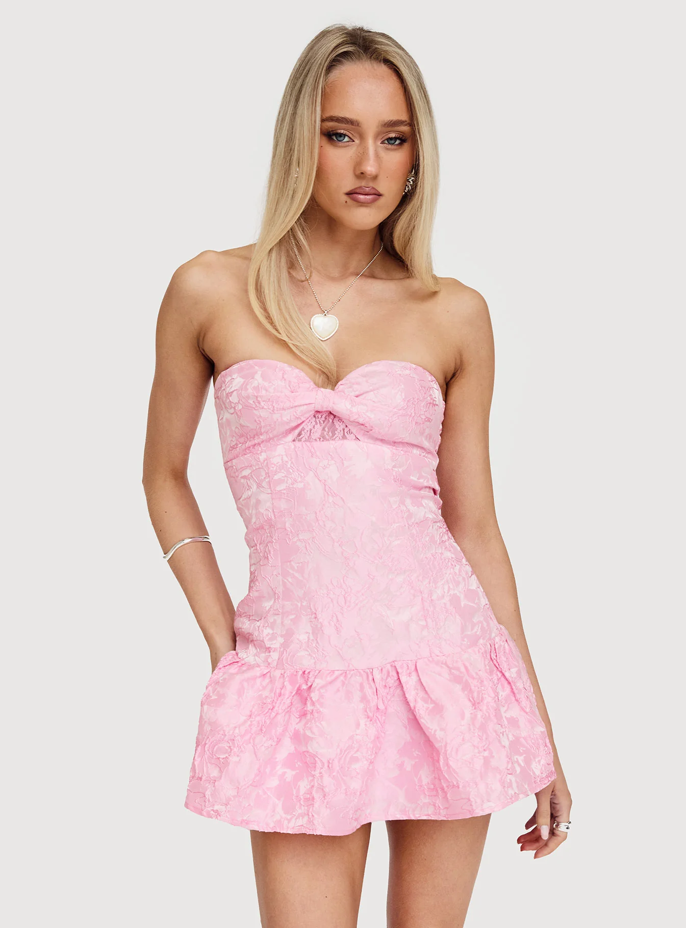 Aubriana Strapless Mini Dress Pink Jacquard - EHAORUI