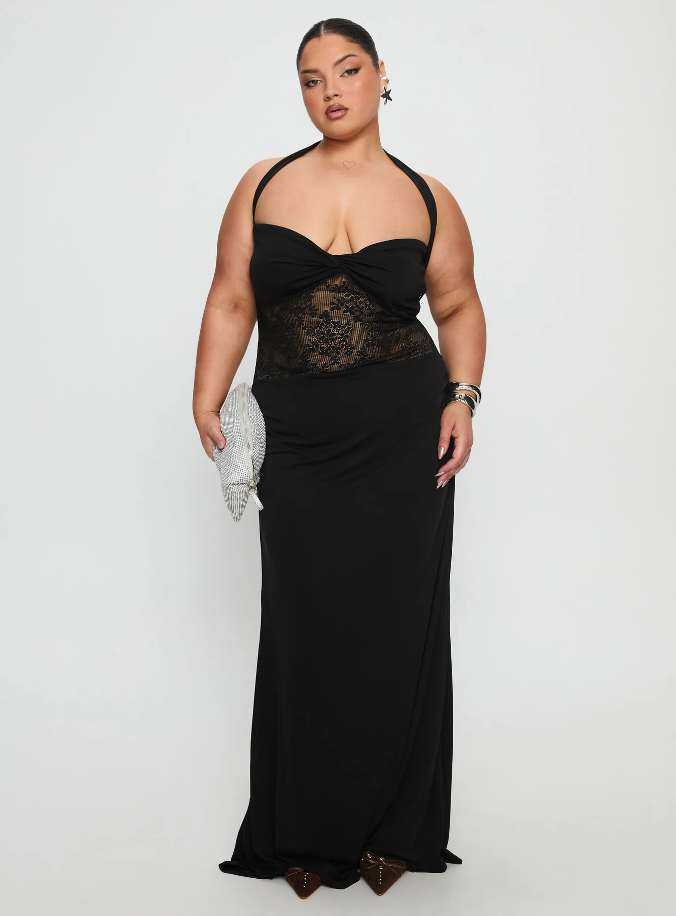 Adalyne Lace Halter Maxi Dress Black Curve - EHAORUI