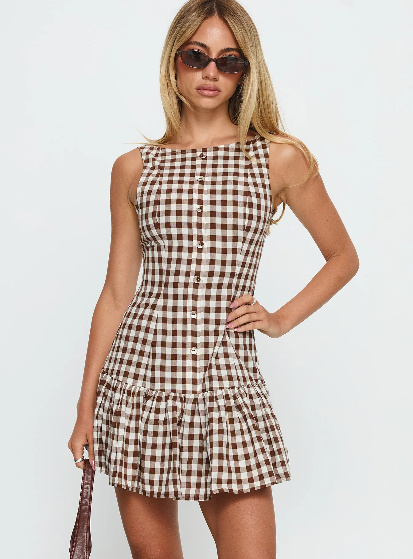 Kolbie Boat Neck Frill Mini Dress Brown Gingham - EHAORUI