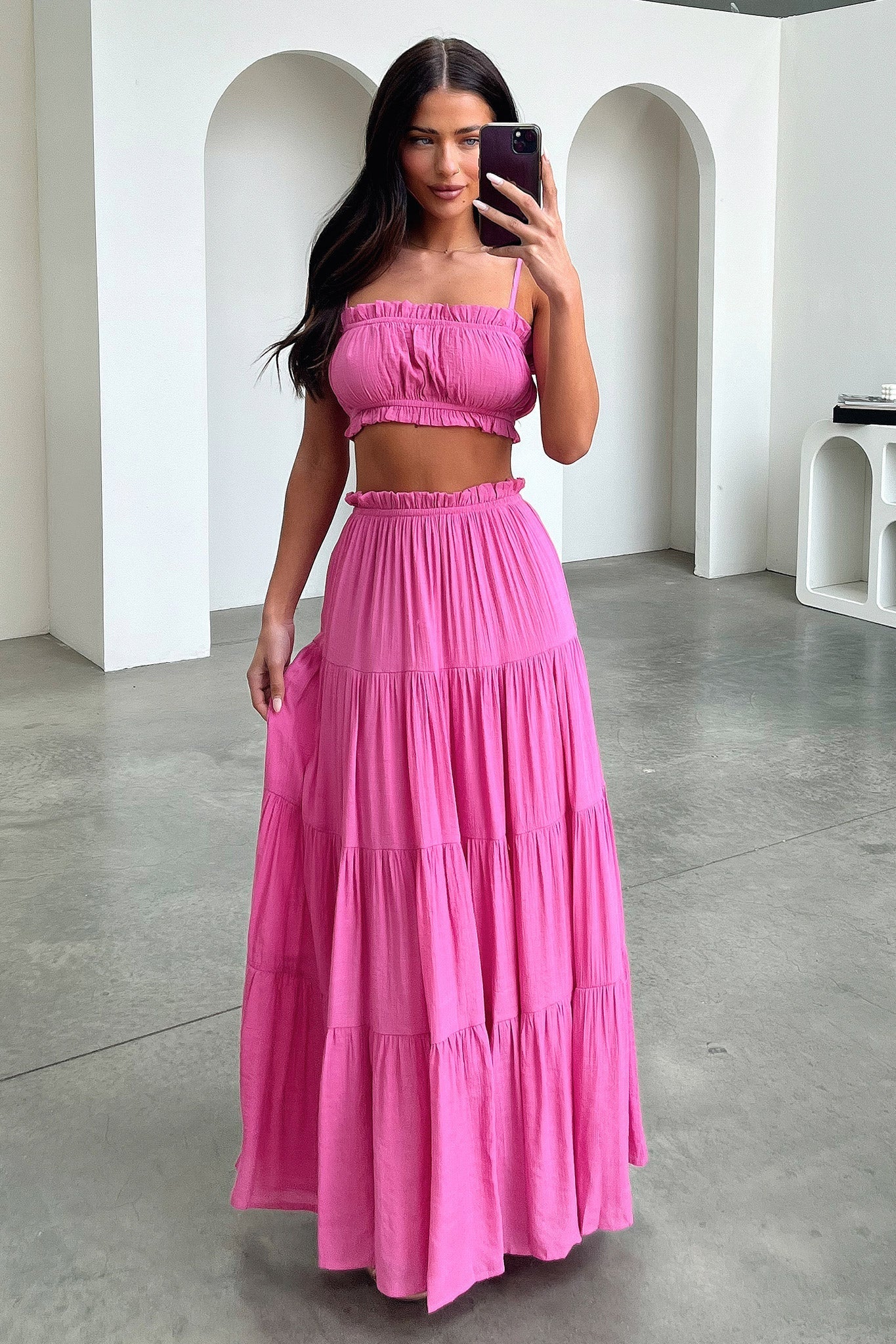 Selina Tiered Maxi Skirt - Pink - EHAORUI