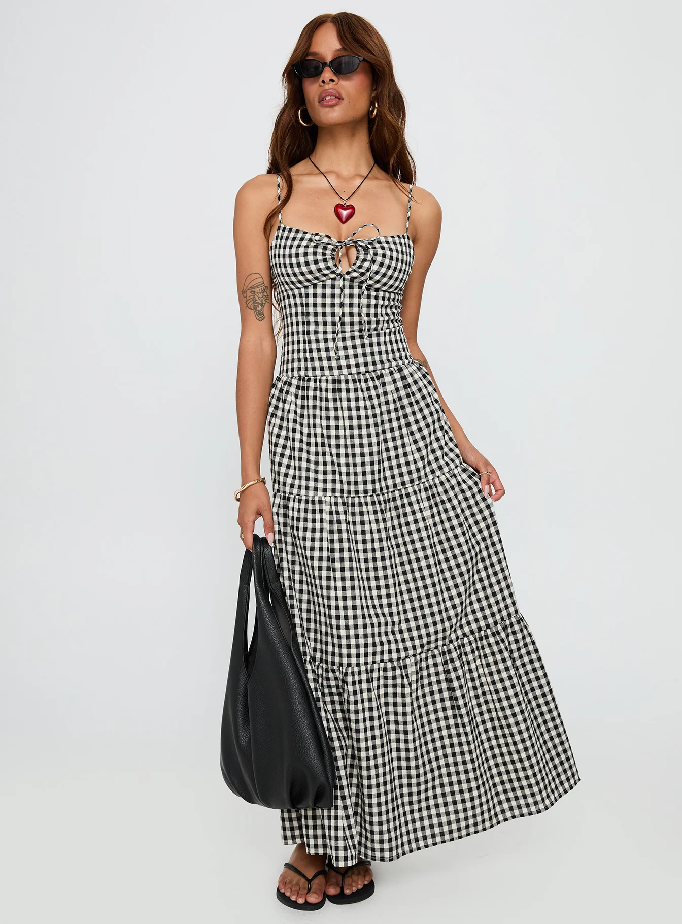 Avaleine Tiered Maxi Dress Black / White Check - EHAORUI