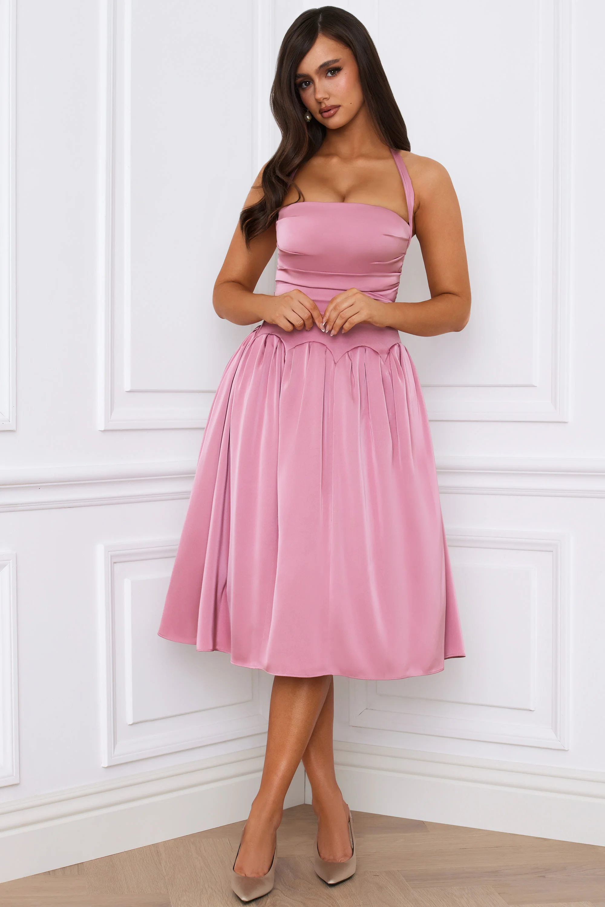 Halterneck Lace-Up Ruched Corset Midi Dress in Mauve - EHAORUI