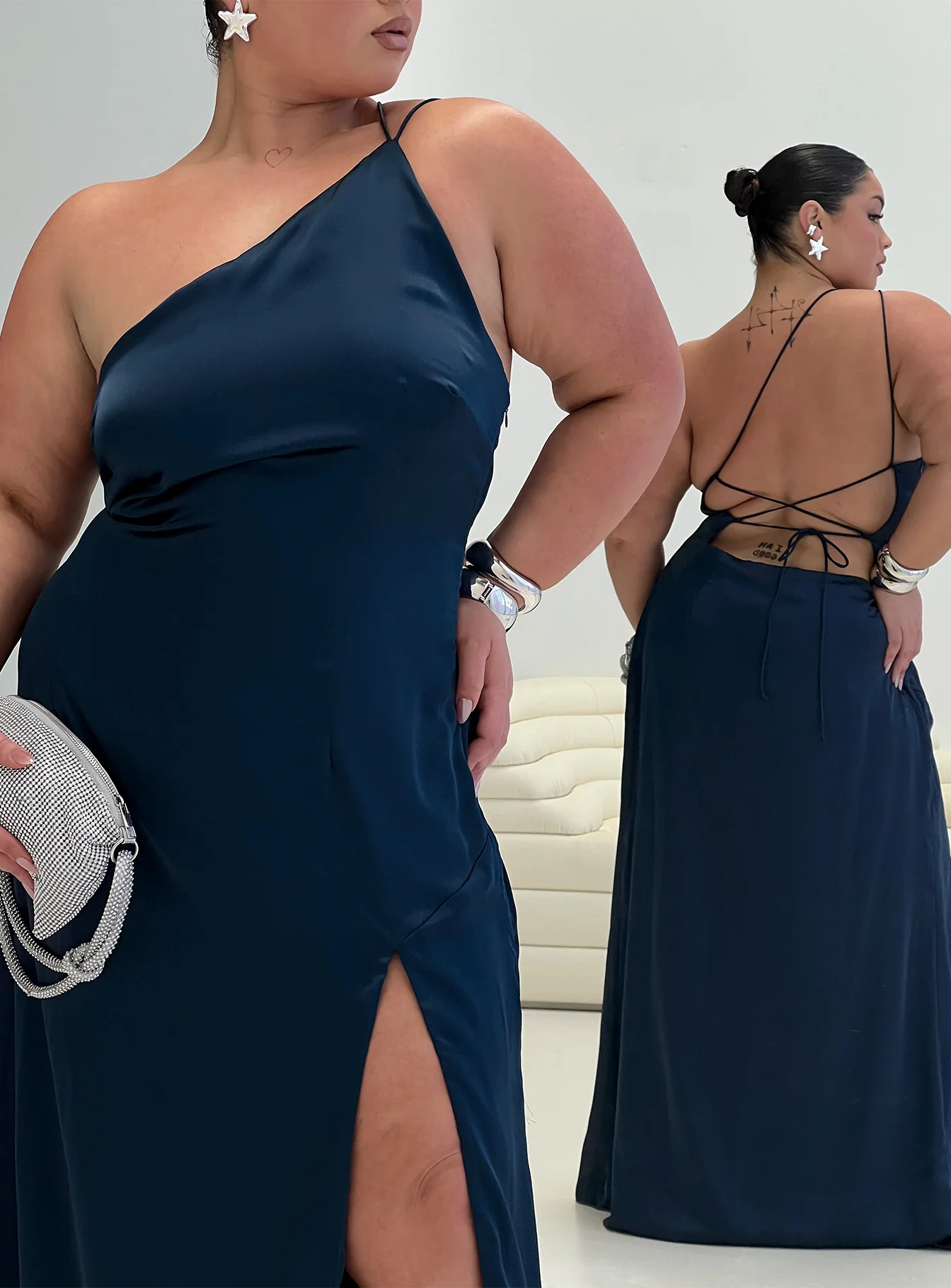 Kiss Of Life Satin Maxi Dress Navy Curve - EHAORUI