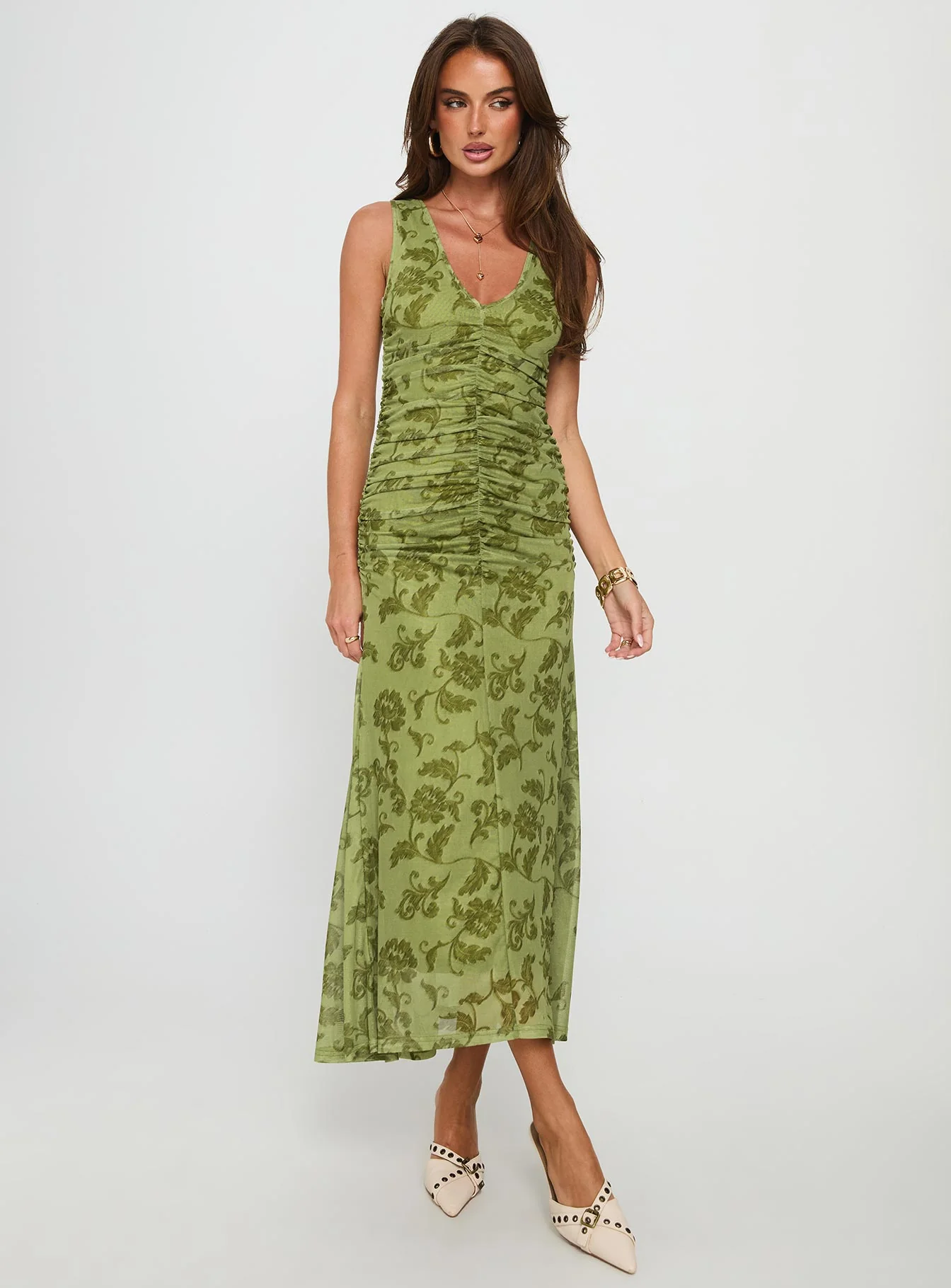 Stefanya Gathered Maxi Dress Green Floral - EHAORUI