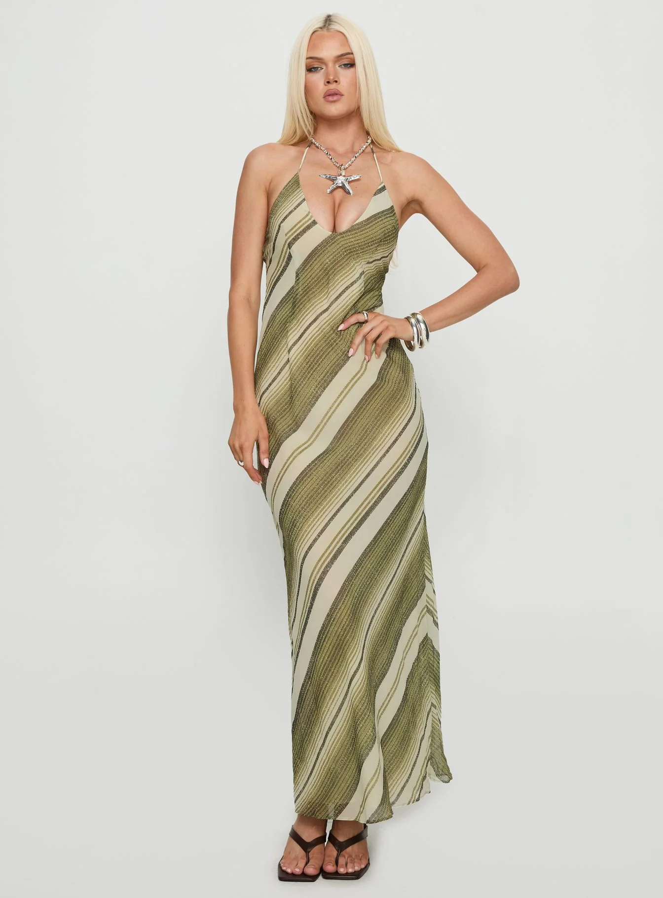 Esmira Halter Maxi Dress Green Stripe - EHAORUI