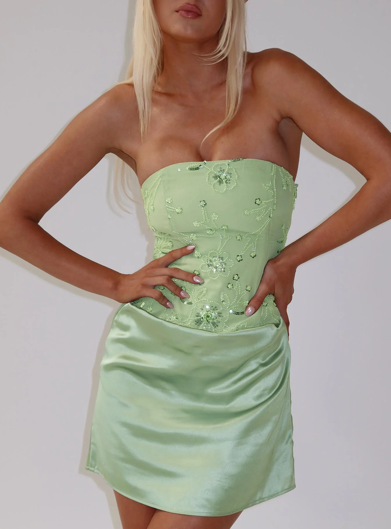 Lyrena Strapless Beaded Mini Dress Green - EHAORUI