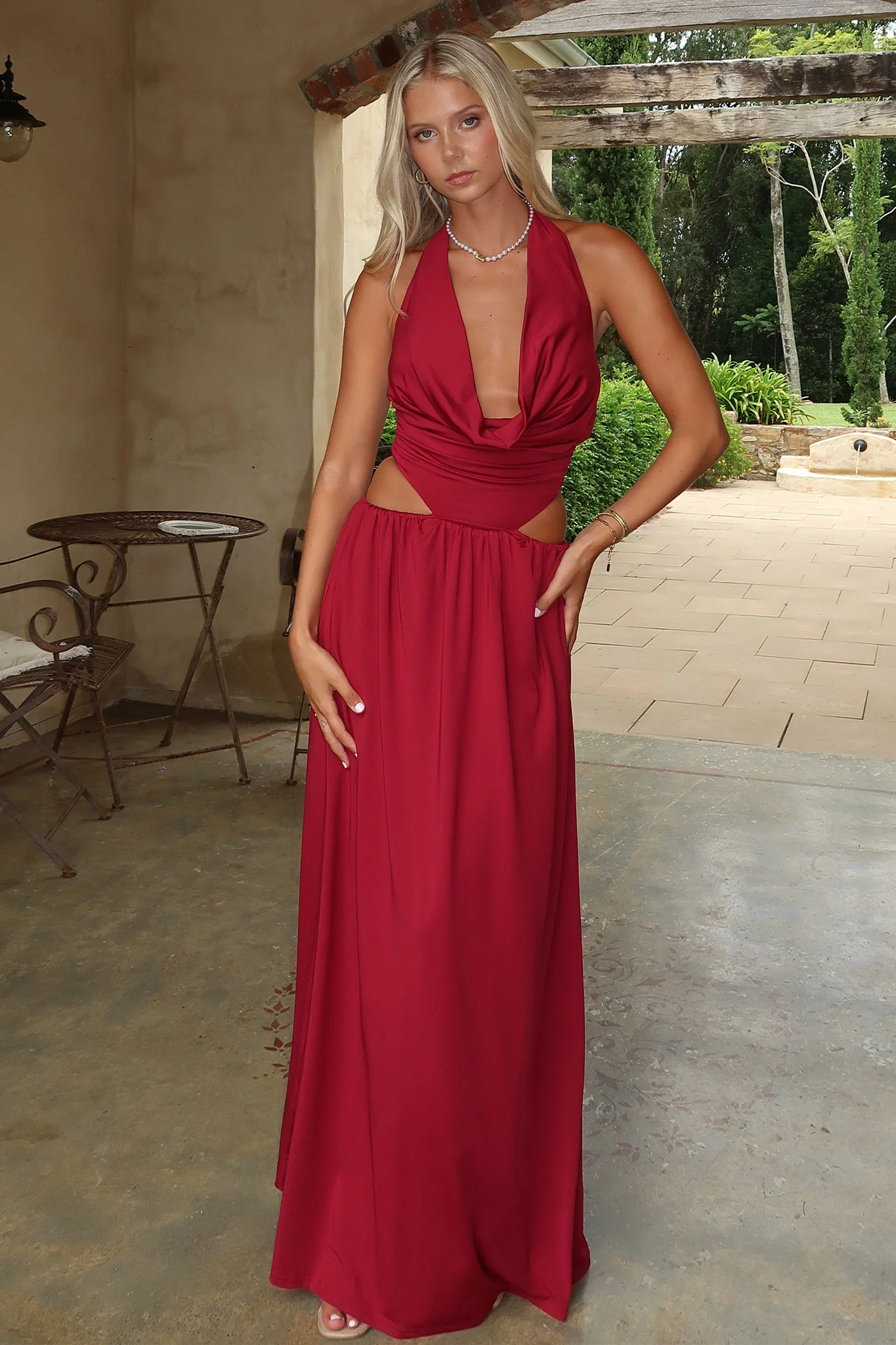 Soraya Plunge Halter Neck Maxi Dress - Burgundy - EHAORUI