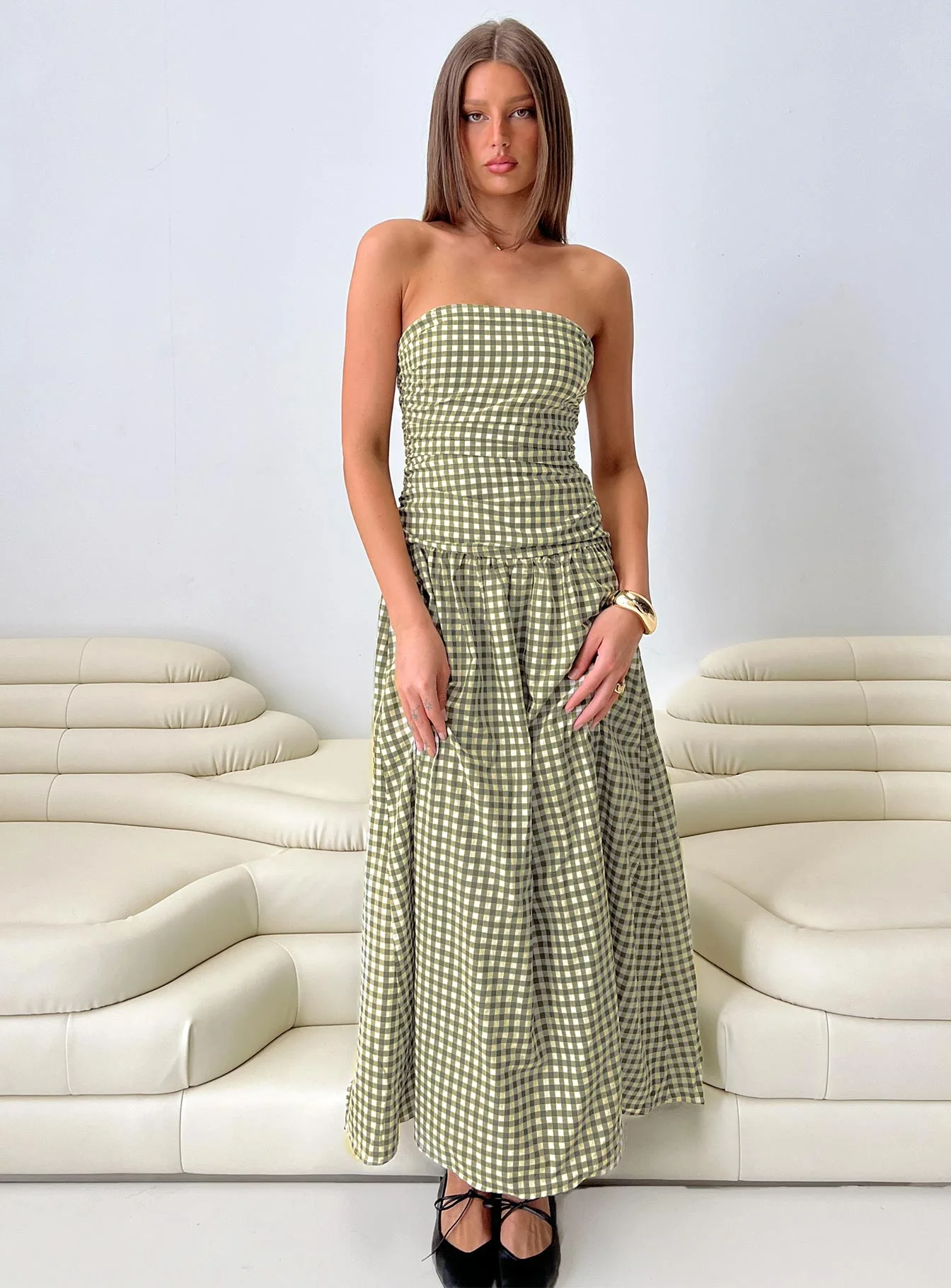 Frankey Strapless Drop Waist Maxi Dress Green Check - EHAORUI