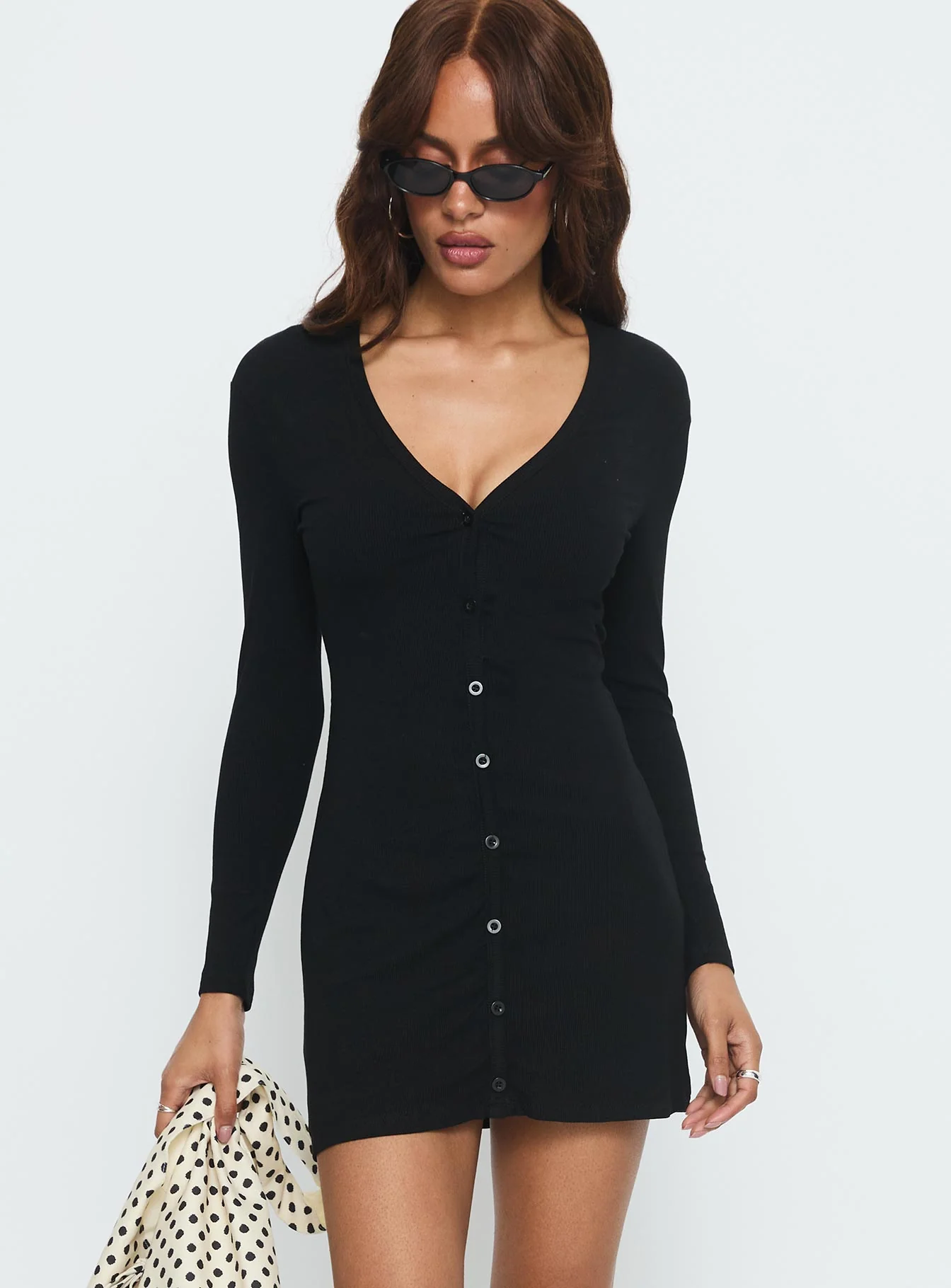 Tereza Long Sleeve Jersey Mini Dress Black - EHAORUI