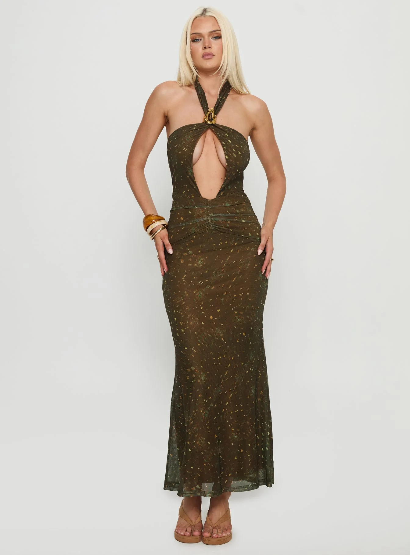 Carmelita Cut Out Halter Maxi Dress Brown - EHAORUI