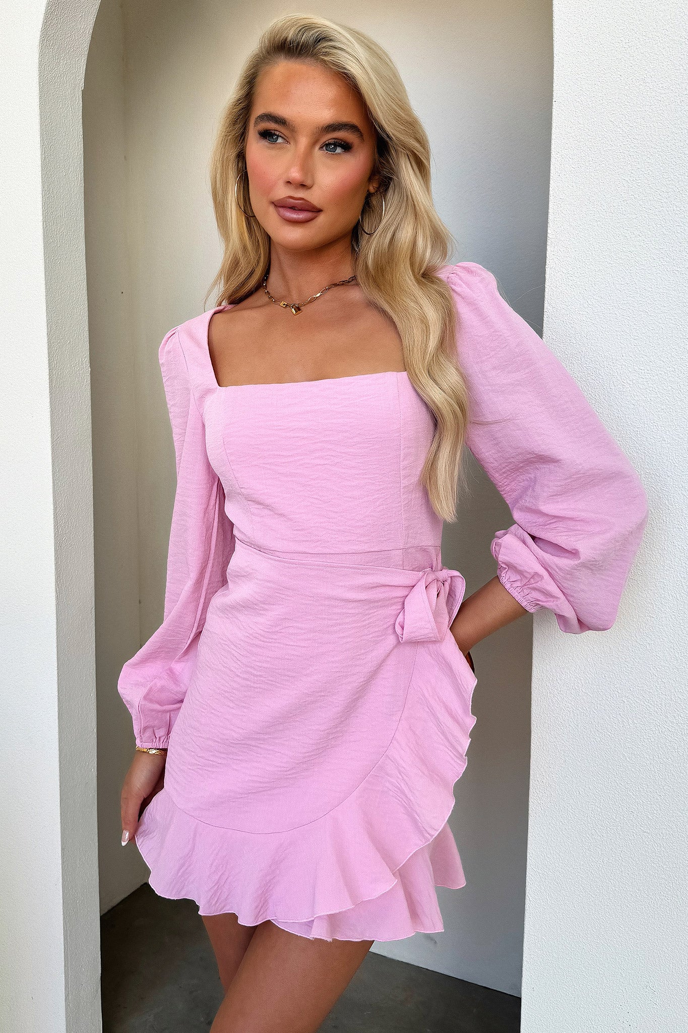 Silvana Long Sleeve Wrap Mini Dress - Pink - EHAORUI