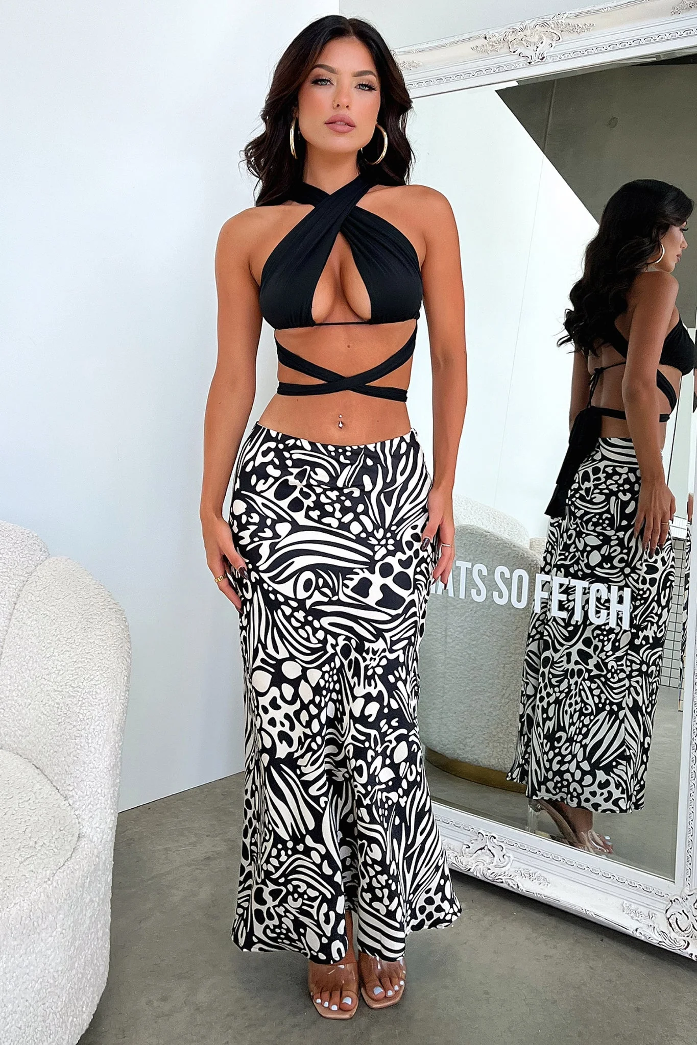 Santorini Maxi Skirt - Black / White Print - EHAORUI