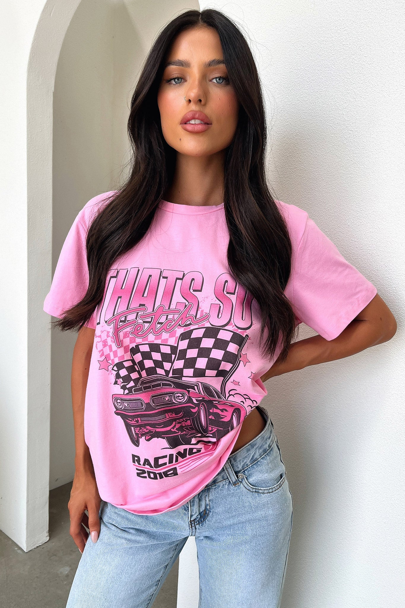 Pitstop Oversized Tee - Pink - EHAORUI
