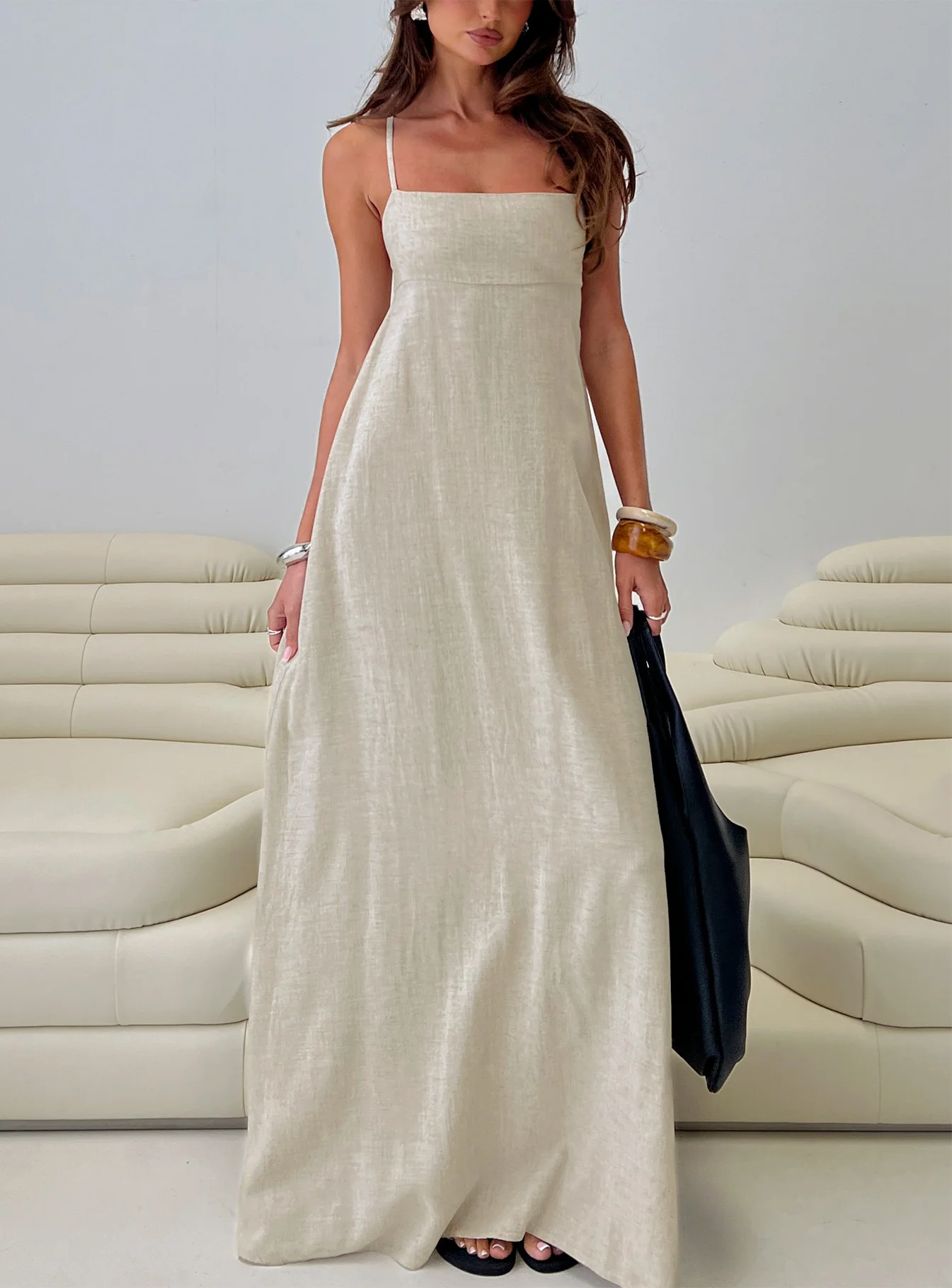 Solie Tie Back Maxi Dress Natural - EHAORUI