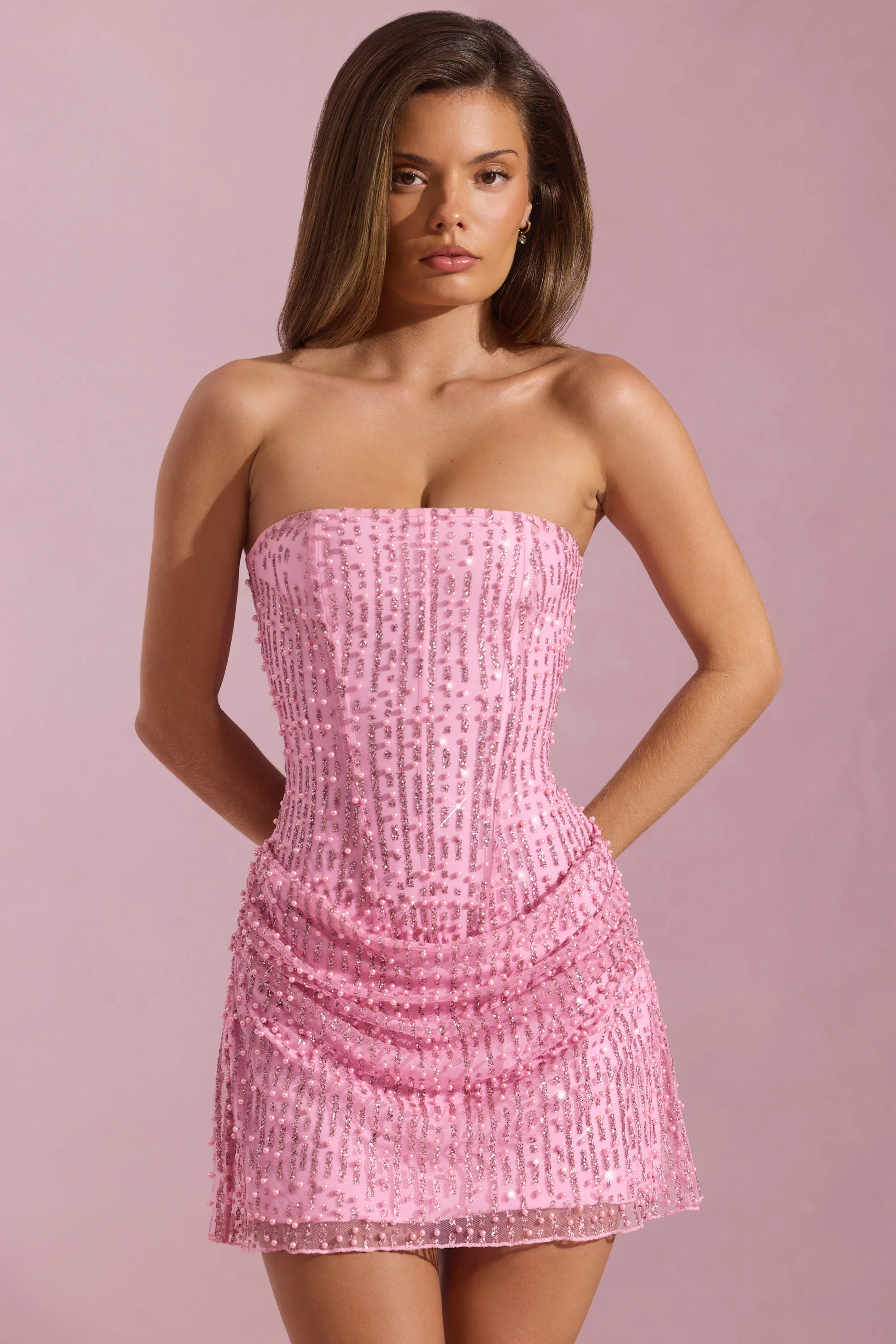 Embellished Draped Strapless A-Line Mini Dress in Pink - EHAORUI