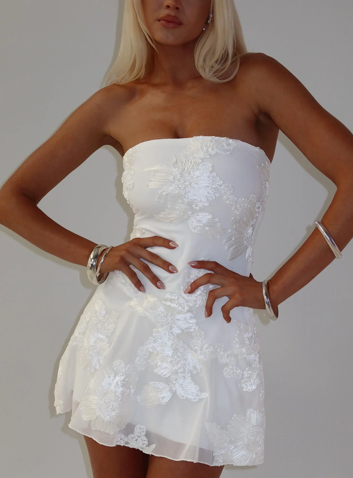 Meadow of Dreams Strapless Mini Dress White Floral Burnout - EHAORUI