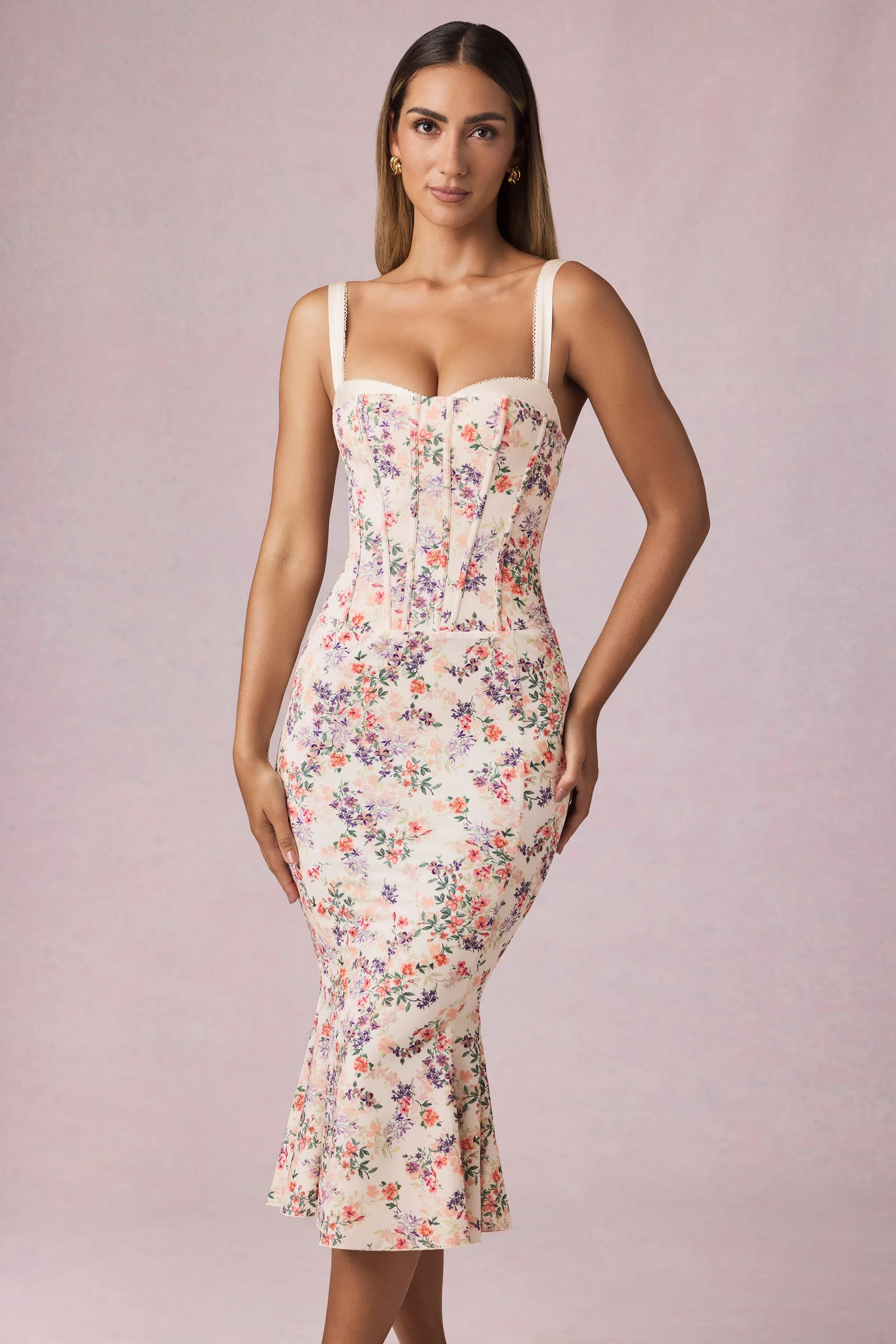 Layered Bra-Detail Fishtail Midaxi Dress in Primrose Floral Print - EHAORUI