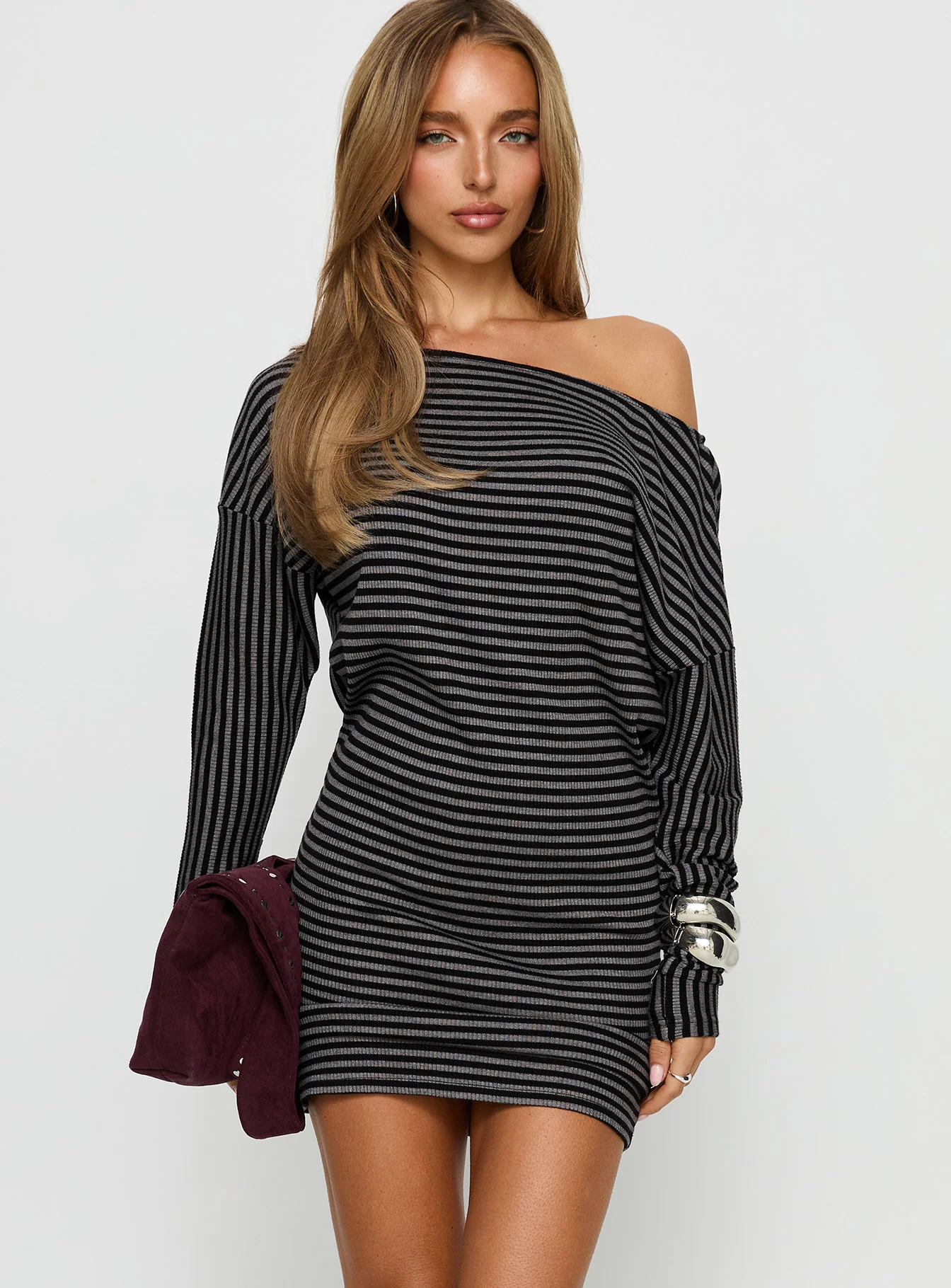Alayne Long Sleeve Knit Mini Dress Black / Grey Stripe - EHAORUI