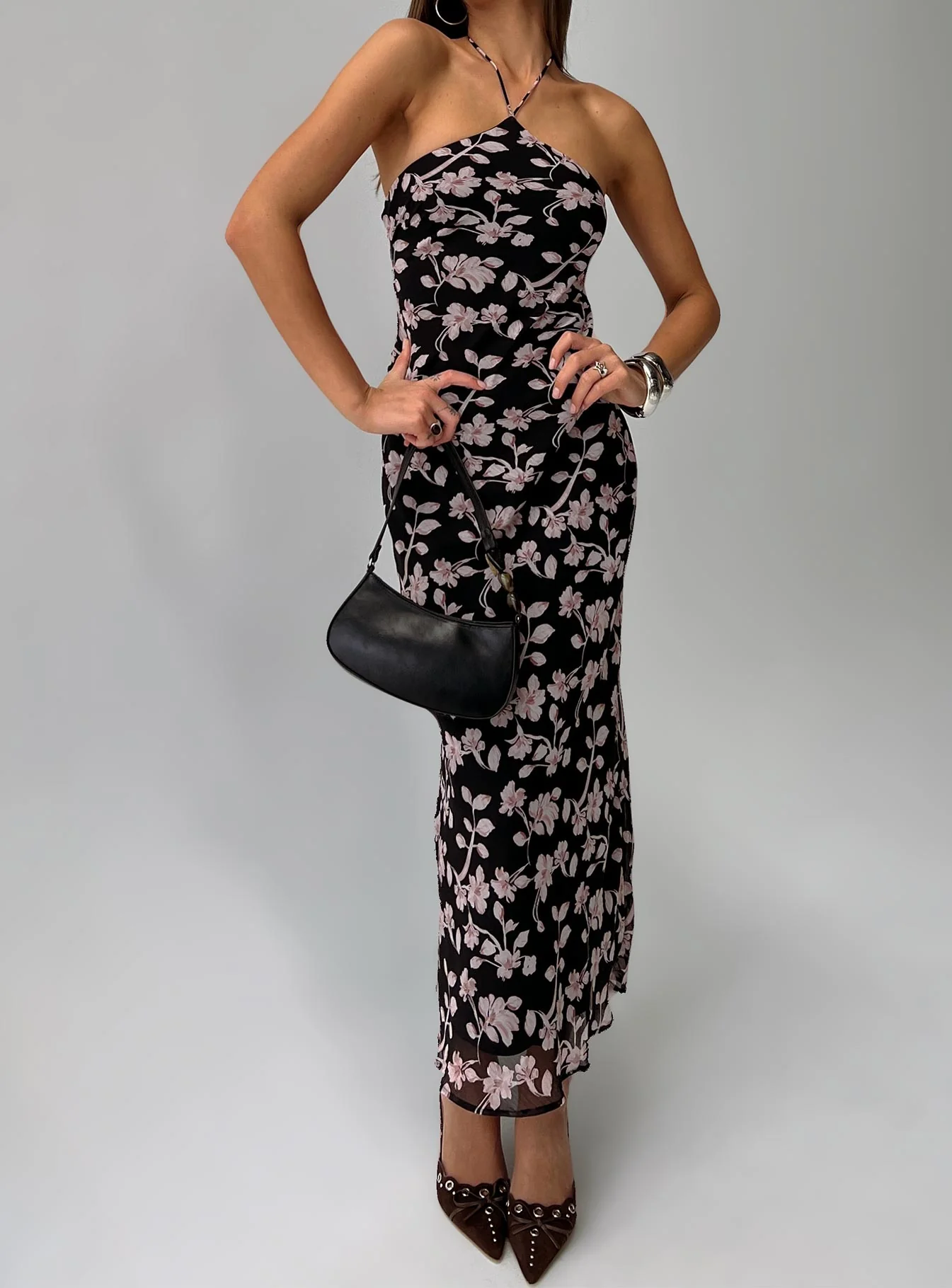Anisa Halter Maxi Dress Black Floral - EHAORUI