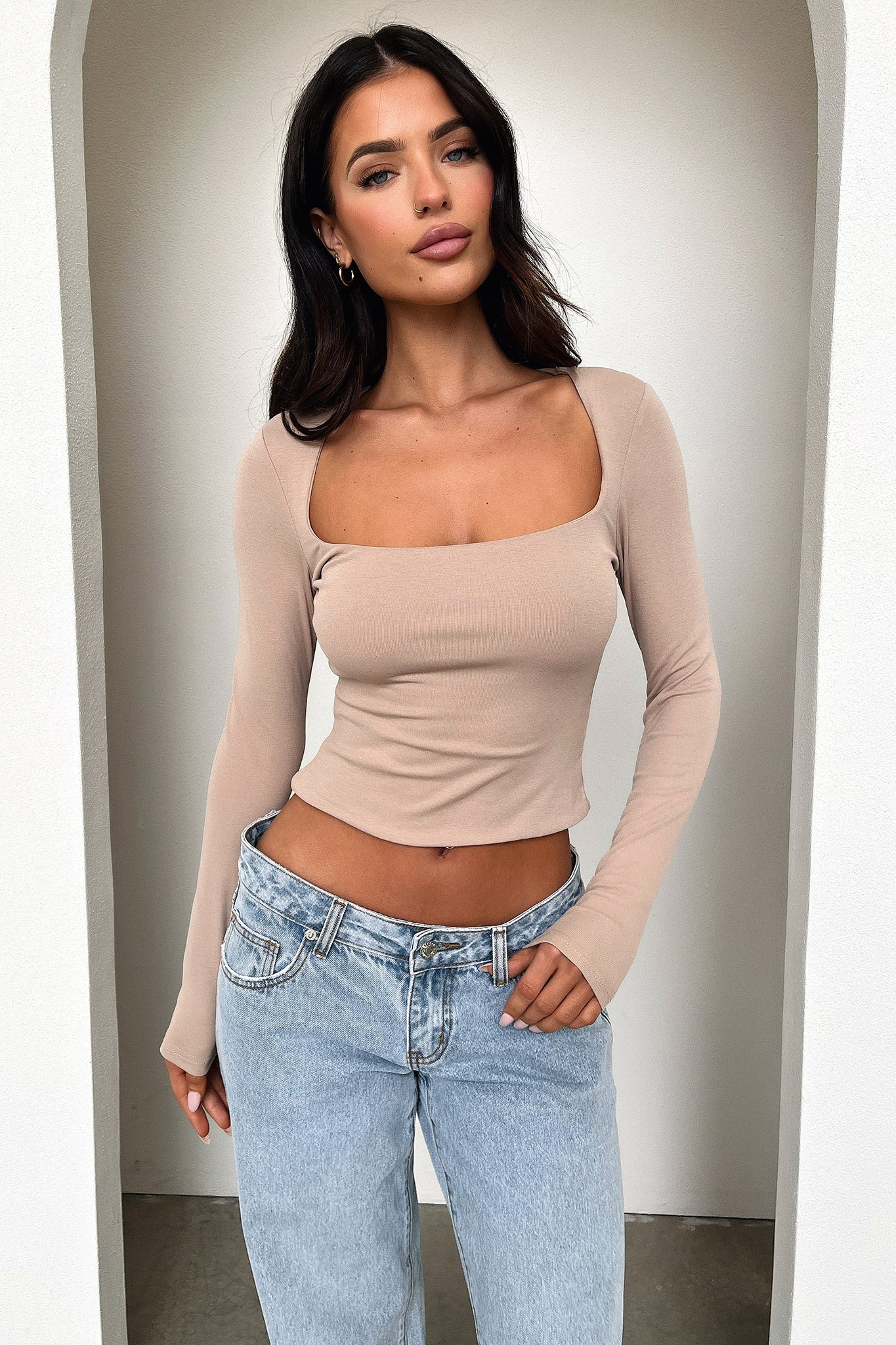 Andre Long Sleeve Top - Beige - EHAORUI